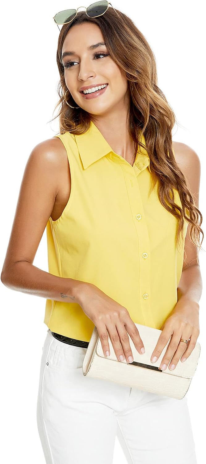 Women's Sleeveless Button Down Shirt Collared Yellow Women's Sleeveless Button Down Shirt Collared Yellow