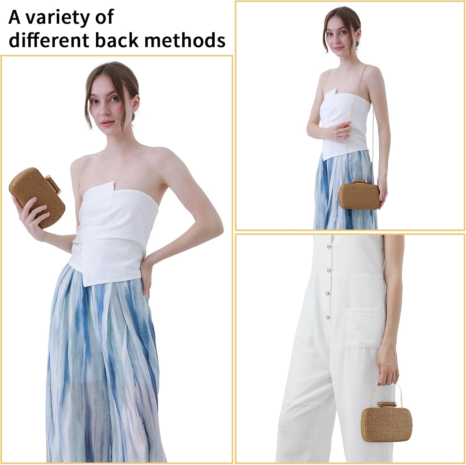 Women's Straw Box Clutch Woven Evening Bag with Chain Women's Straw Box Clutch Woven Evening Bag with Chain