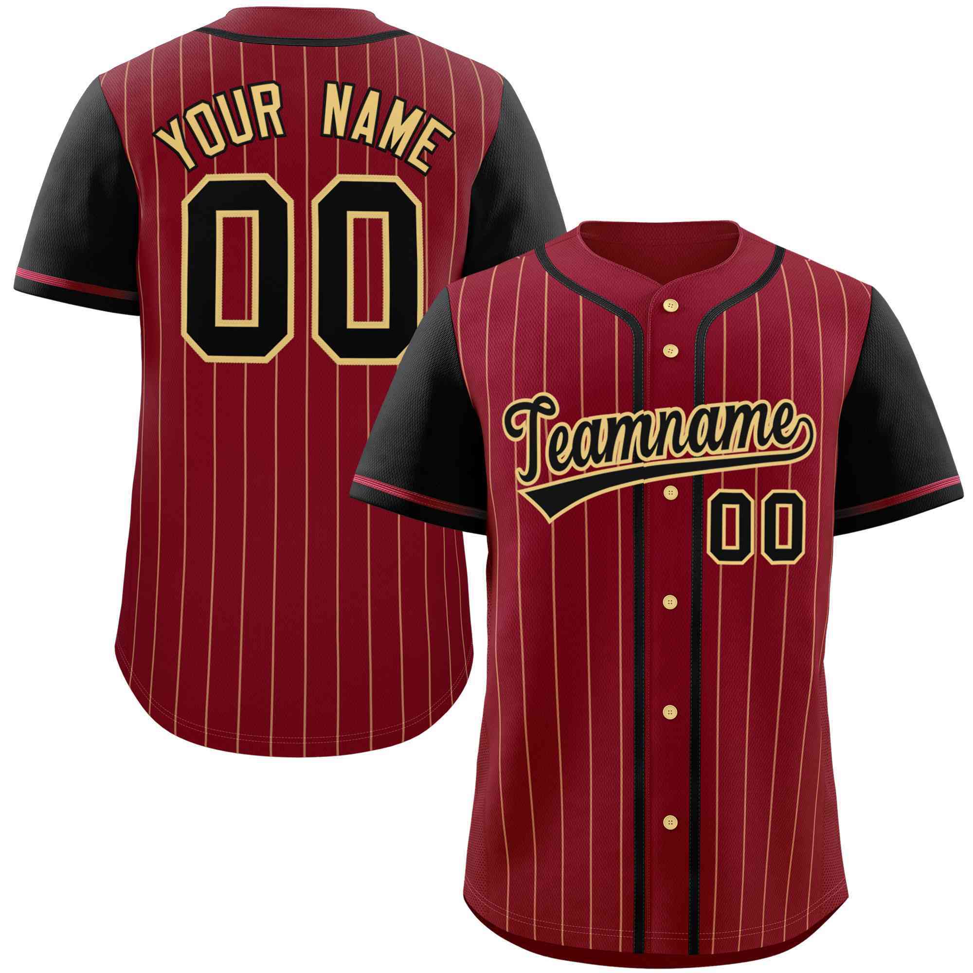 Maßgeschneidertes authentisches Baseball-Trikot mit modischen Raglanärmeln in Crimson-Schwarz-Khaki-Streifen