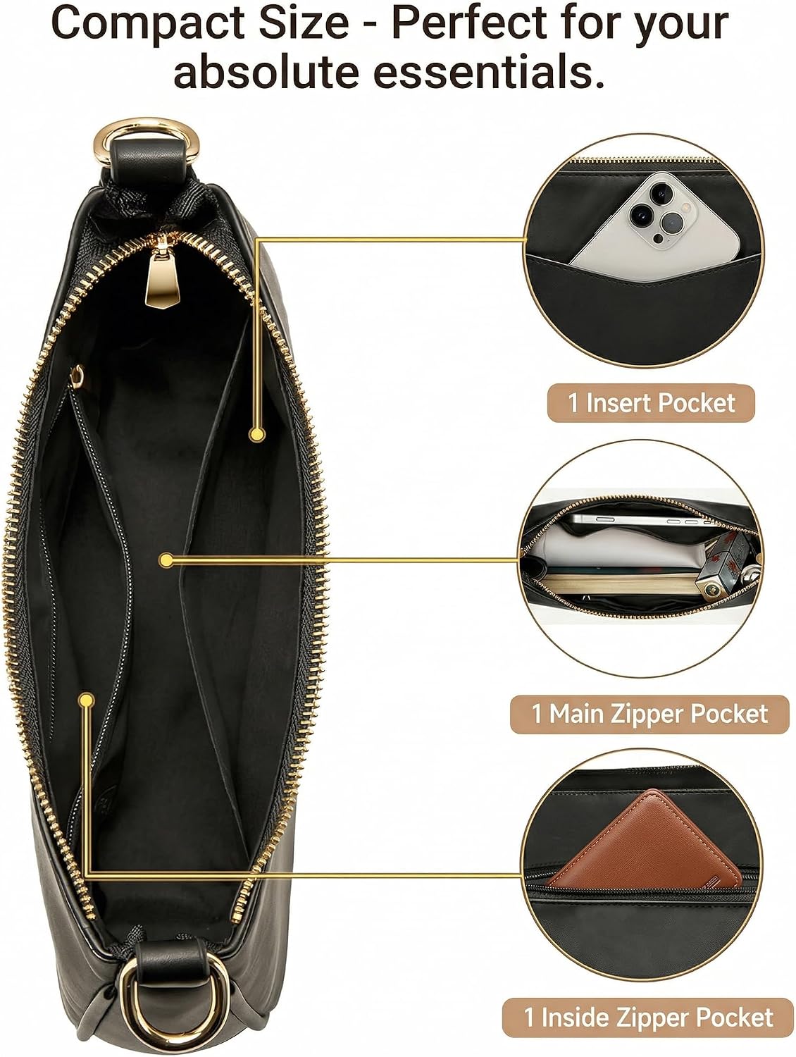 Women's Crescent Vegan Leather Hobo Handbag, Black Women's Crescent Vegan Leather Hobo Handbag, Black