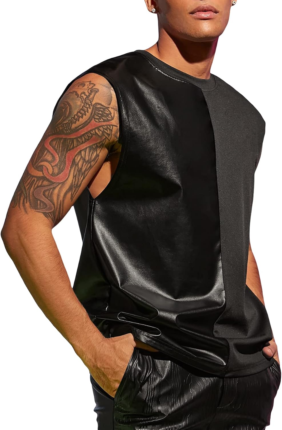 Men's Faux Leather Panel Tank Top Color Block Black