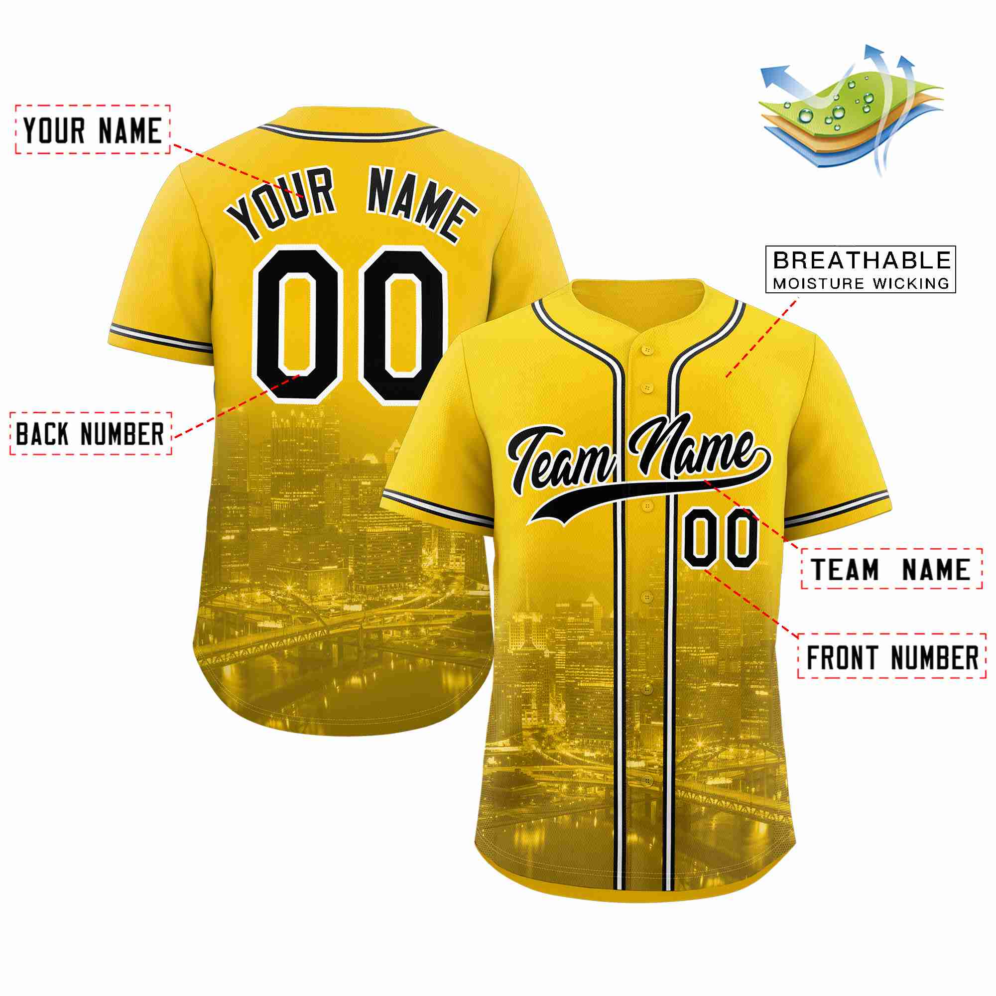 Benutzerdefiniertes Pittsburgh City Skyline Baseball-Trikot Benutzerdefiniertes Pittsburgh City Skyline Baseball-Trikot