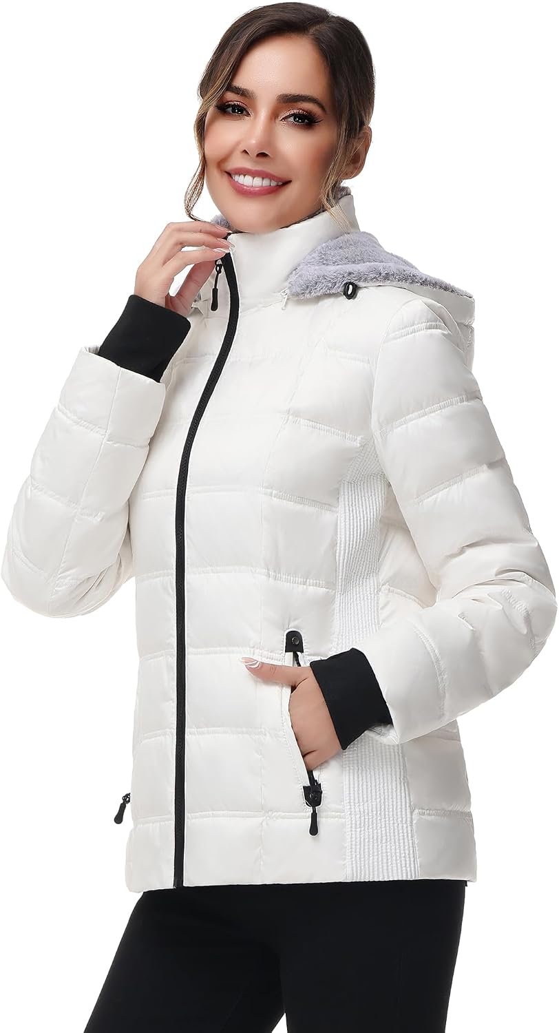 Women's White Short Puffer Jacket Fleece-Lined Hood