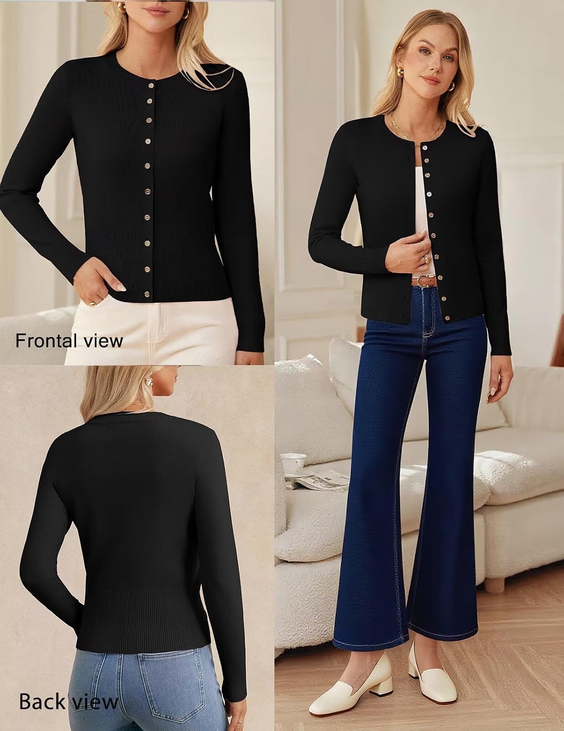 Women's Lightweight Spring Cardigan Long Sleeve Knit Crop Sweater Button Open Front Crewneck Jacket