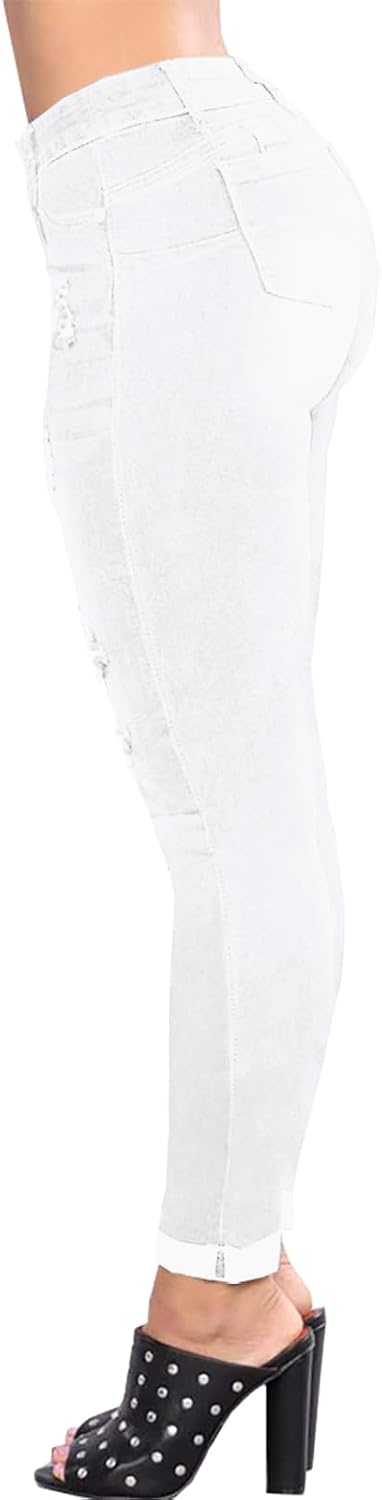Womens Ripped Slim Fit Stretch Butt Lifting Jeans Skinny Distressed Destroyed Cuffed Denim Pants