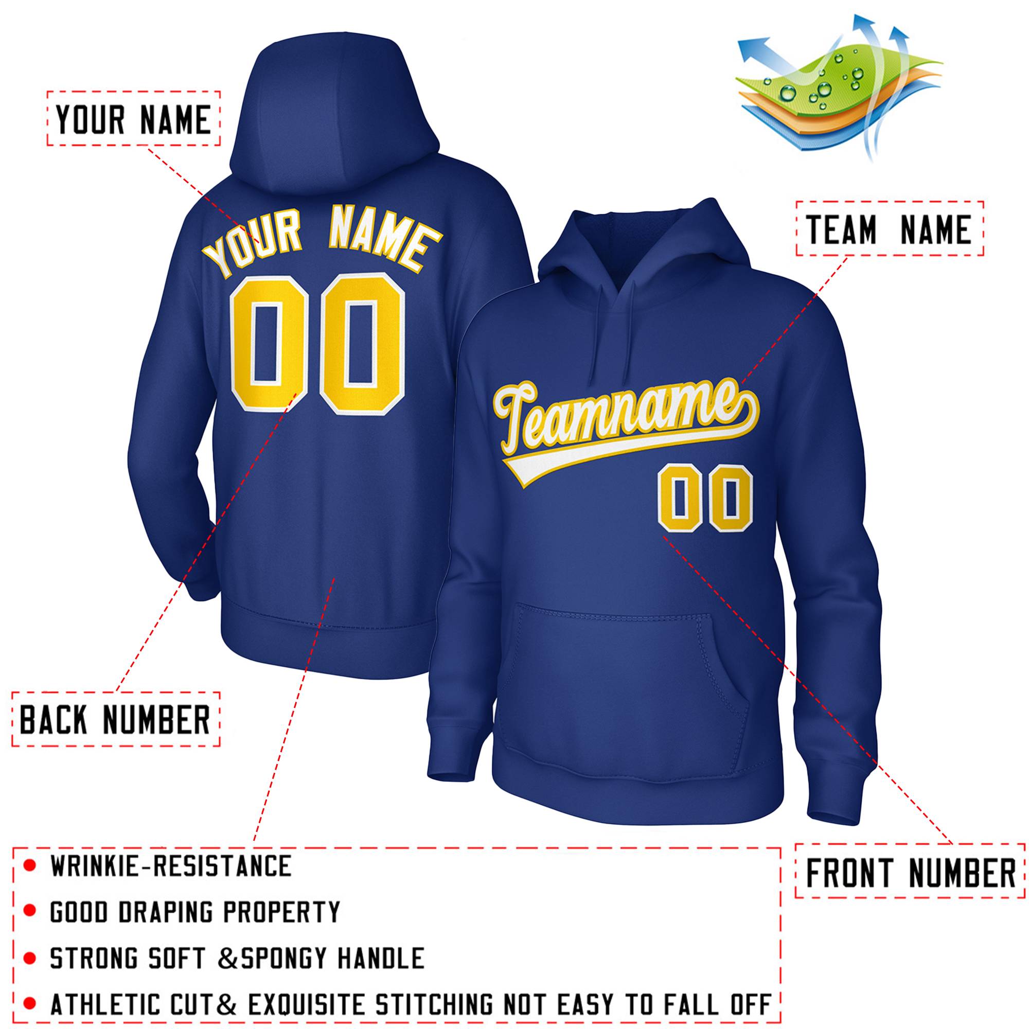 Maßgeschneiderter königlicher weiß-gelber Sportuniform-Pullover-Hoodie im klassischen Stil