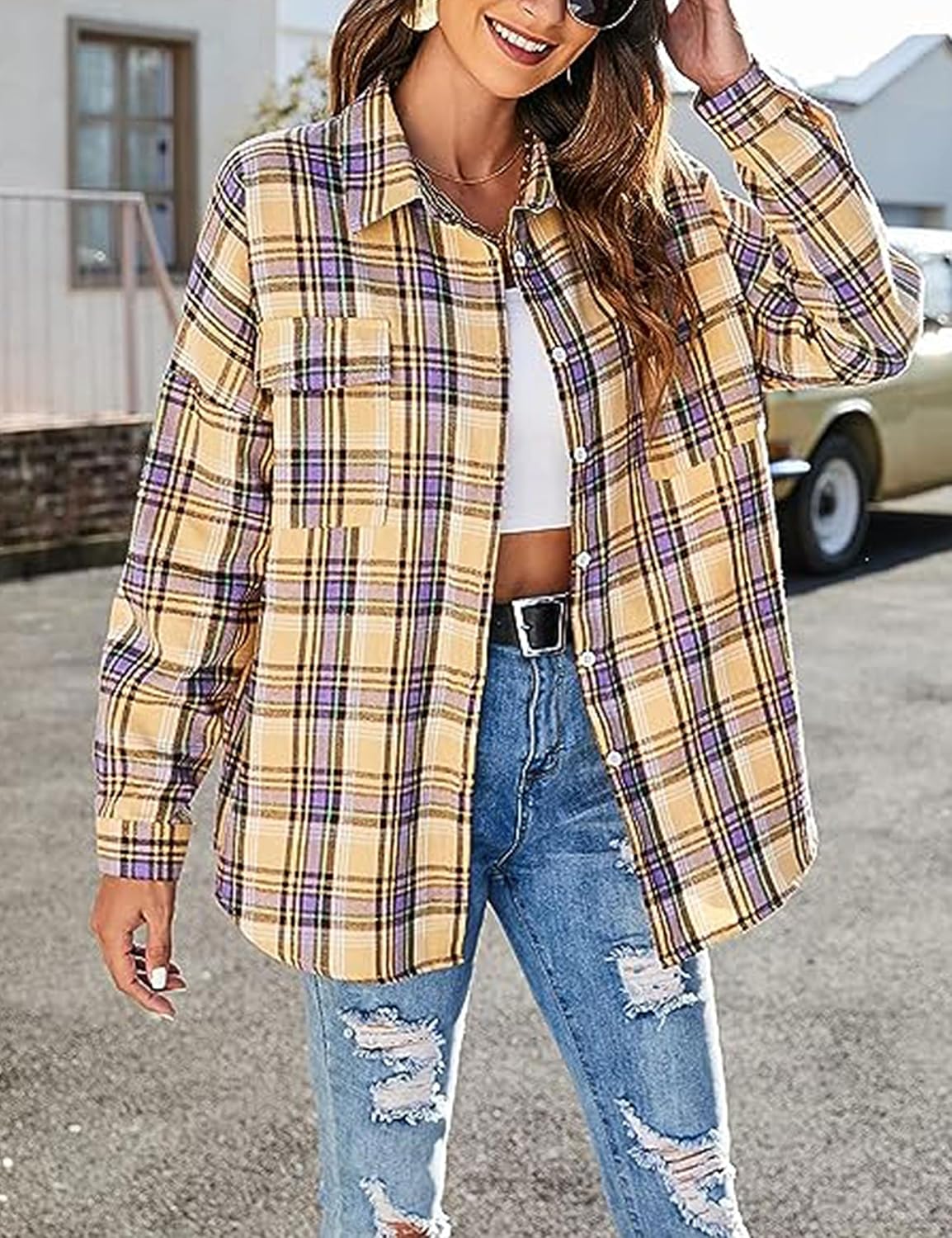 Womens Flannel Plaid Shirts Oversized Lightweight Buffalo Button Down Shirt Blouse Tops