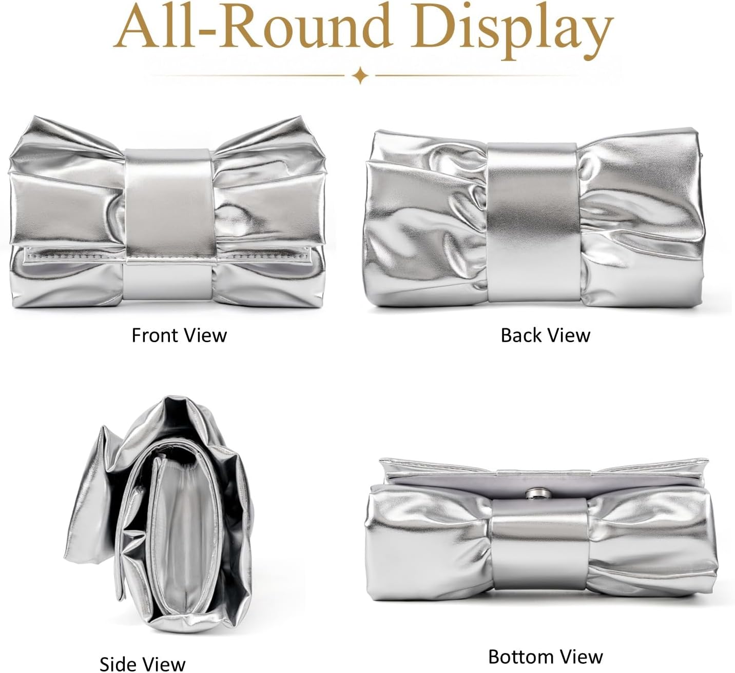Women's Metallic Bow Clutch Silver Evening Bag with Chain Women's Metallic Bow Clutch Silver Evening Bag with Chain