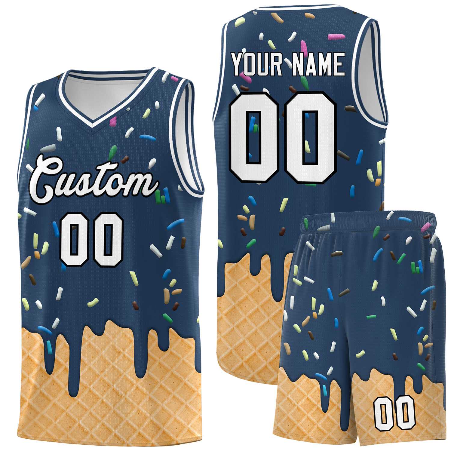 Benutzerdefinierte mitternachtsblaue Basketball-Kits mit Eiscreme-Elementmuster