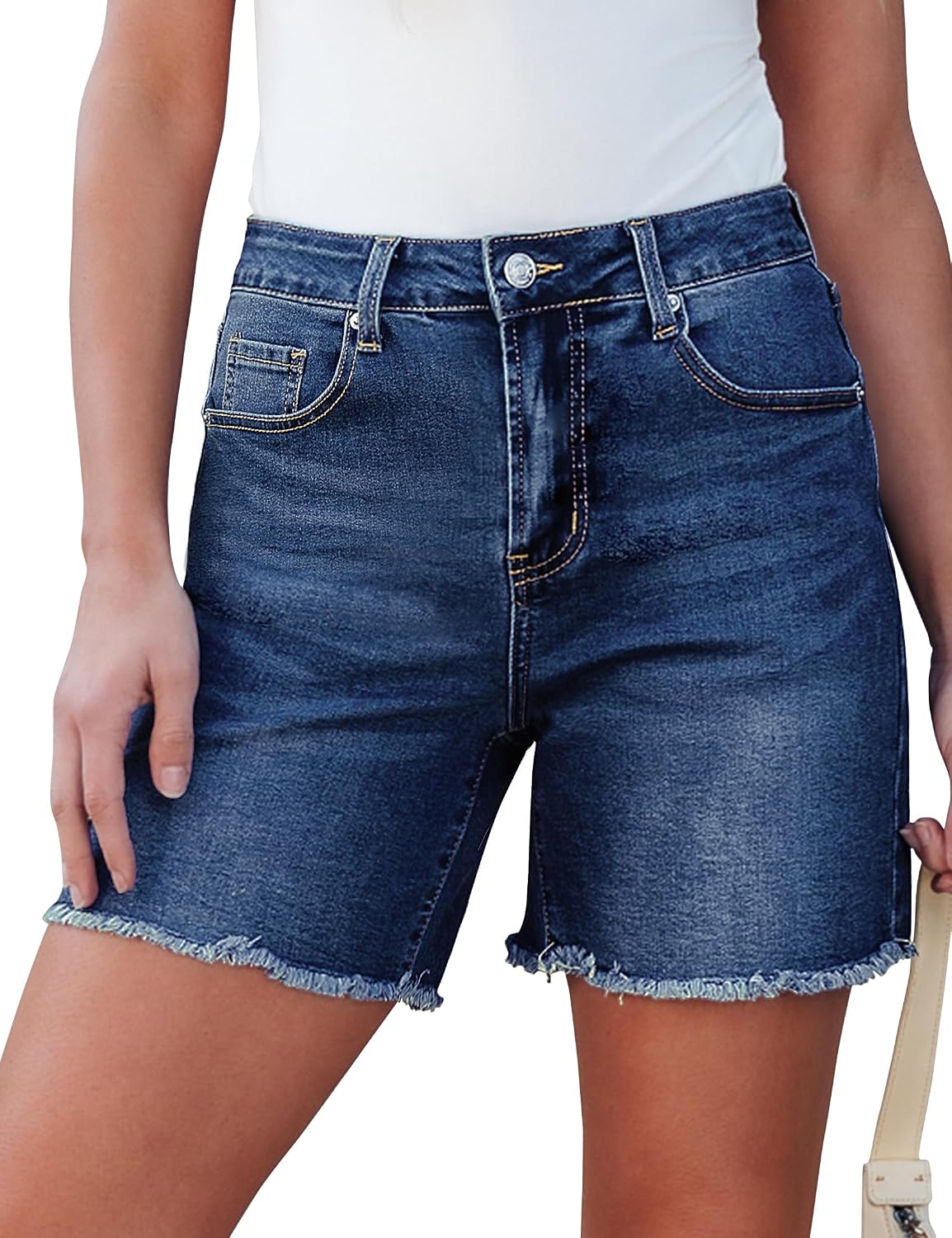 Jean Shorts for Women High Waisted Stretchy Frayed Hem Denim Jorts 6 Inch Inseam Mid Thigh Rise Stretch Raw Summer Vacation Outfits