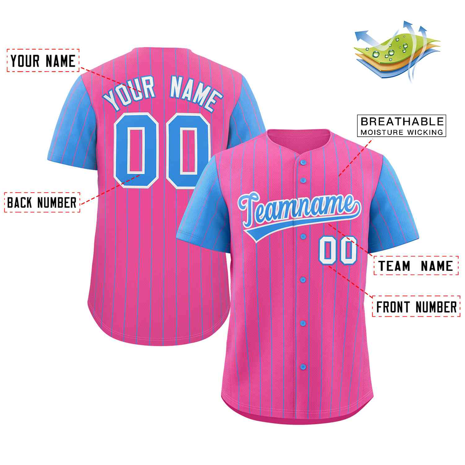 Benutzerdefiniertes authentisches Baseball-Trikot mit modischen Raglanärmeln in Rosa-Puderblau-Weiß-Streifen