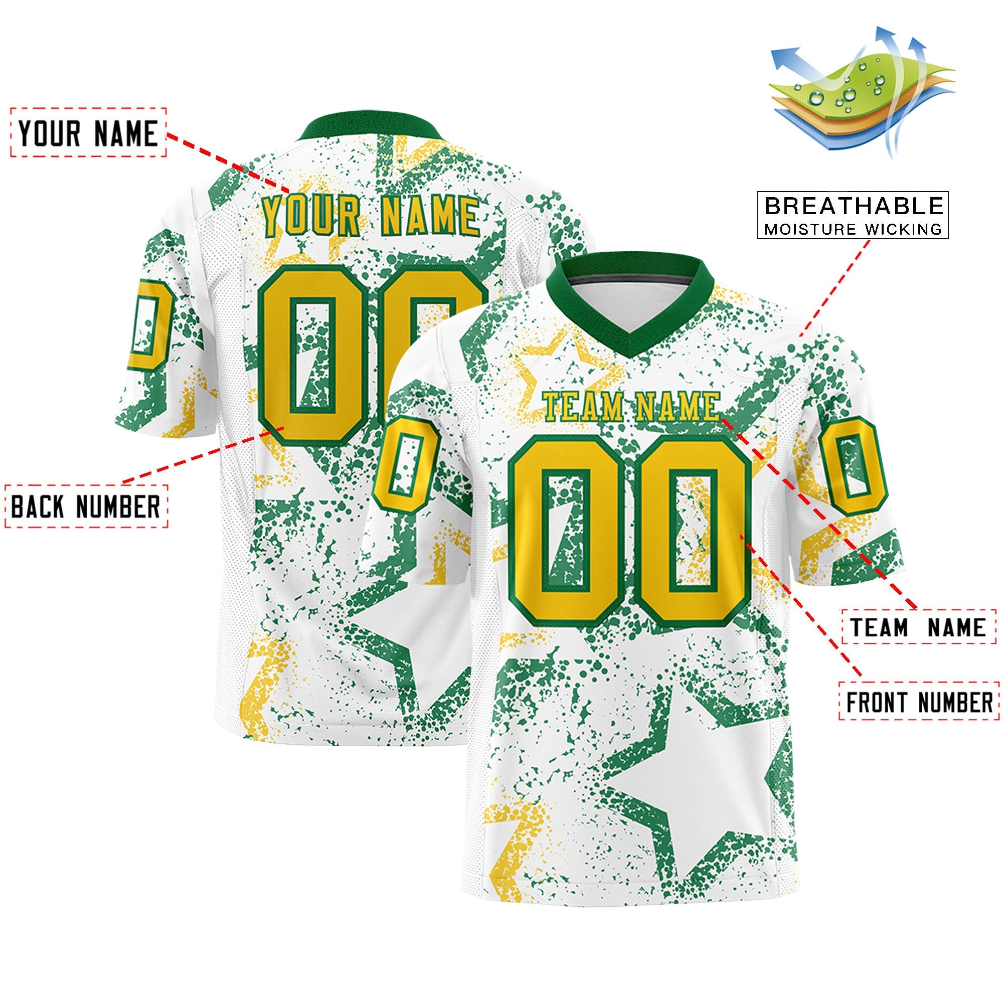 Benutzerdefiniertes weißes Kelly-Grün-Gold, personalisiertes Star-Graffiti-Muster, authentisches Fußballtrikot