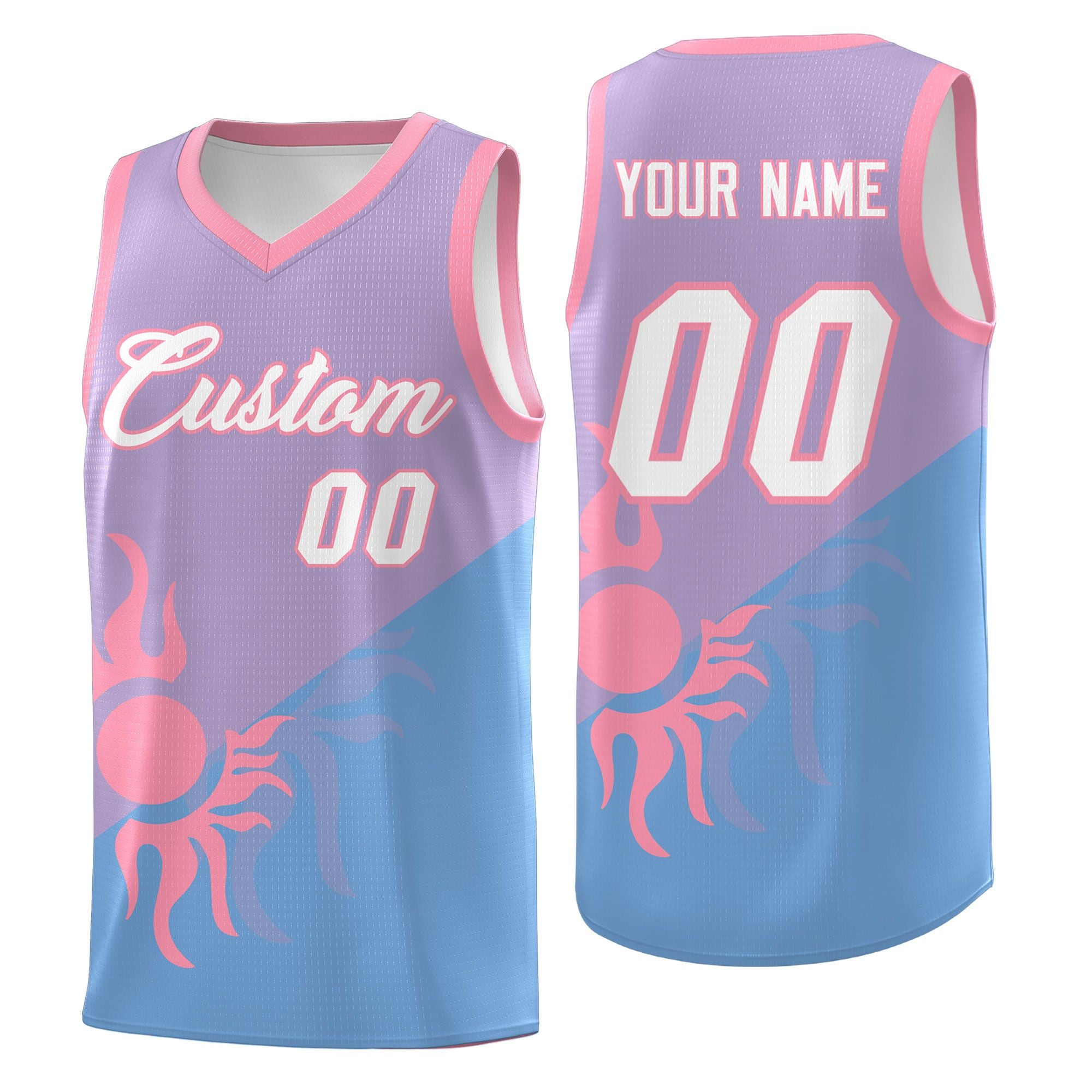 Maßgeschneidertes, zweifarbiges, drapierbares Uniform-Basketballtrikot im Sunburst-Design in hellviolettem Puderblau