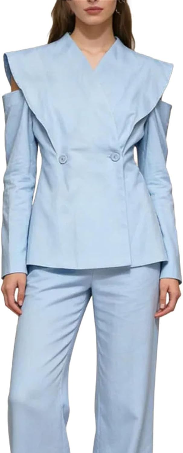Women's Cold Shoulder Ruffle Collar Blazer Light Blue
