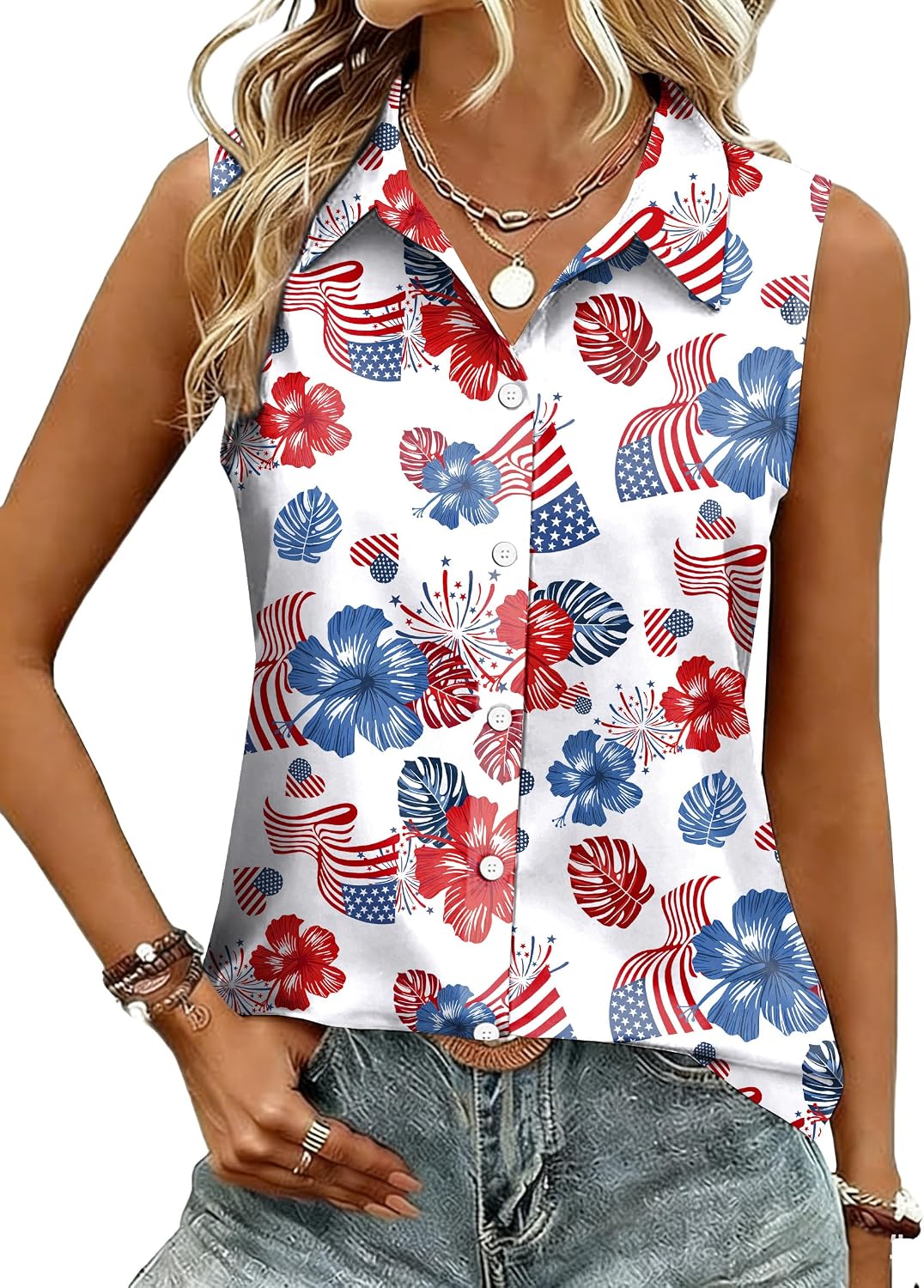 Women's American Flag Sleeveless Button Down Collared Shirt