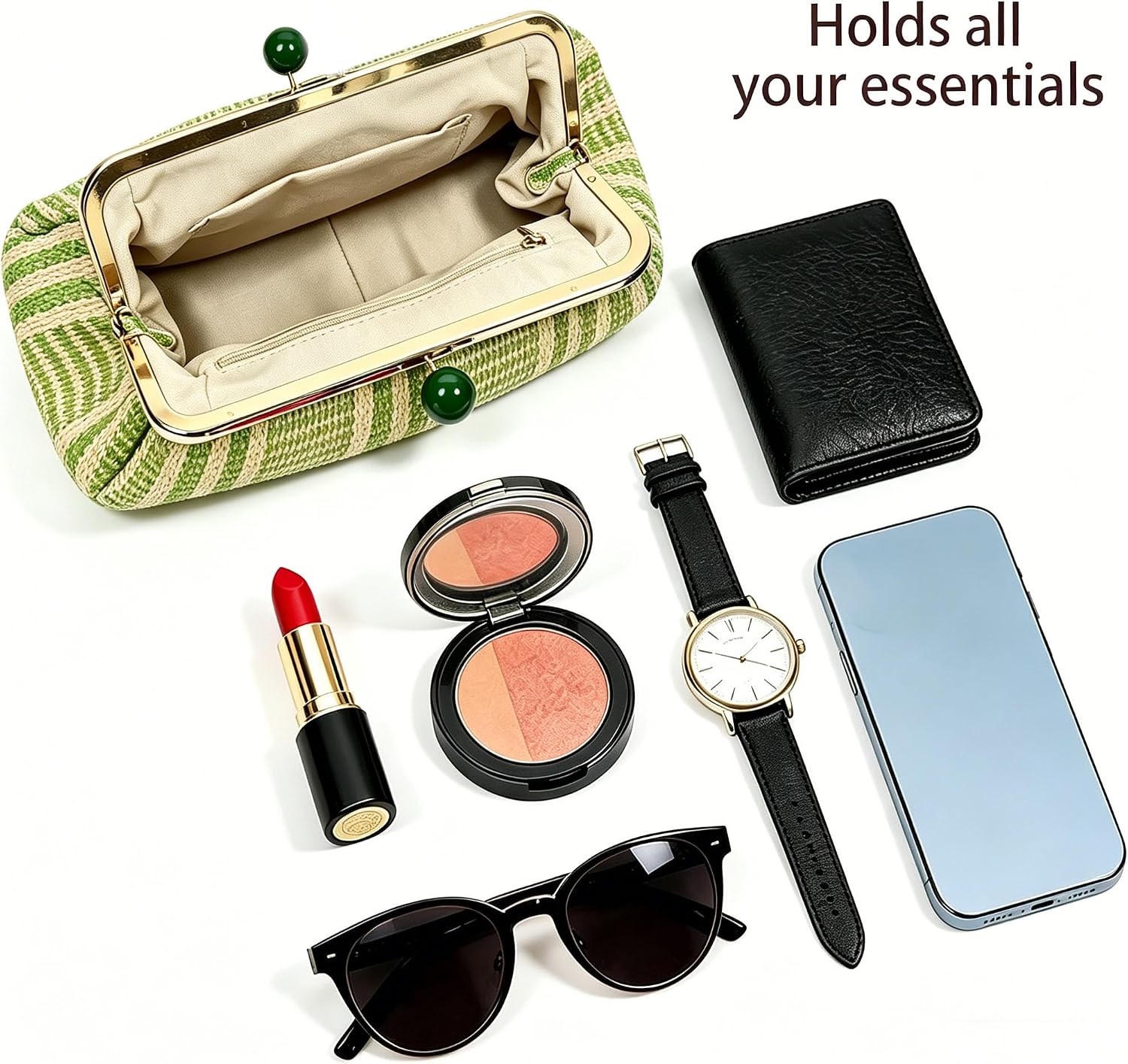 Women's Straw Clutch Purse Striped Kiss-Lock Dumpling Bag Women's Straw Clutch Purse Striped Kiss-Lock Dumpling Bag