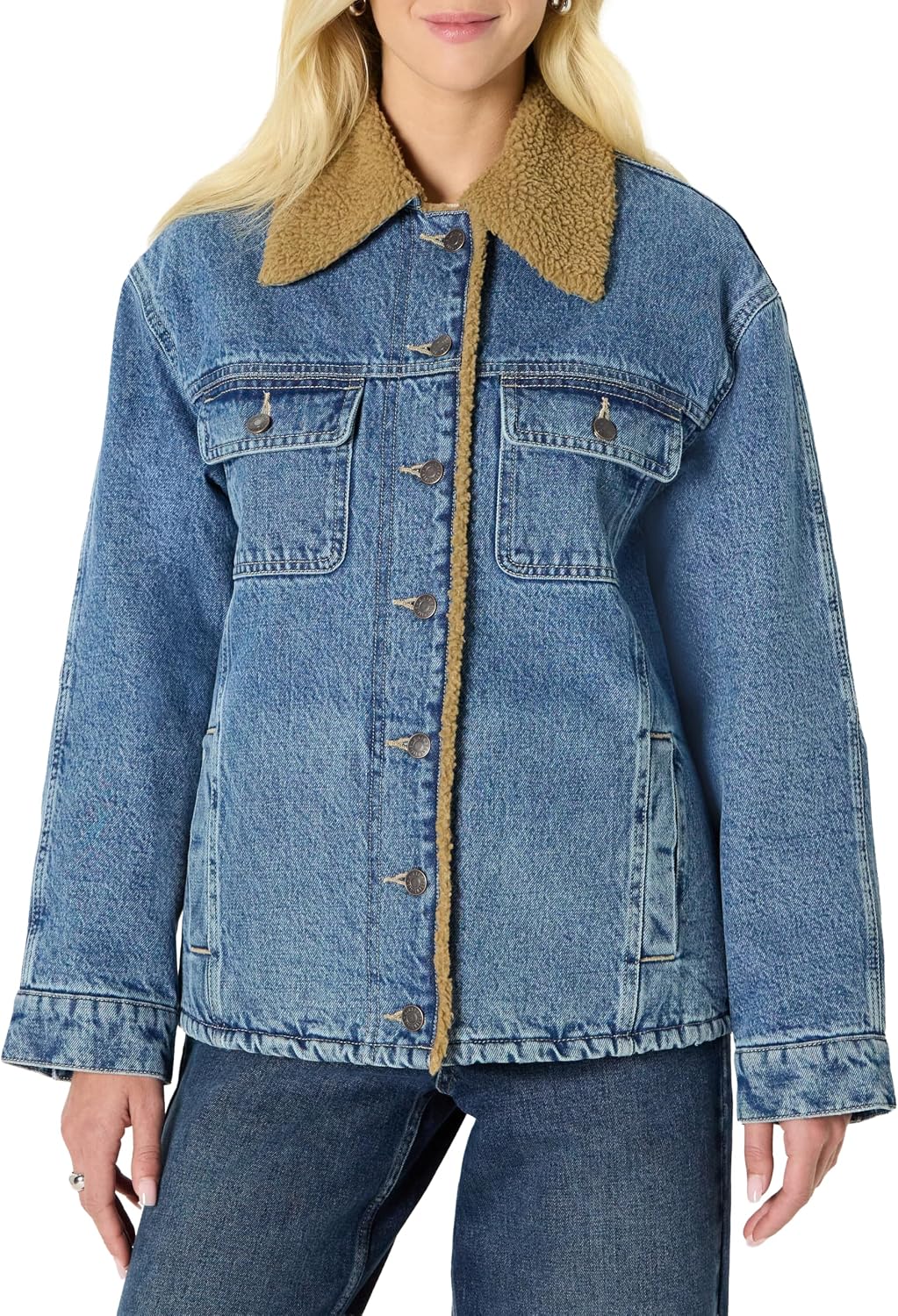Women's Oversized Faux Shearling Trim Denim Jacket