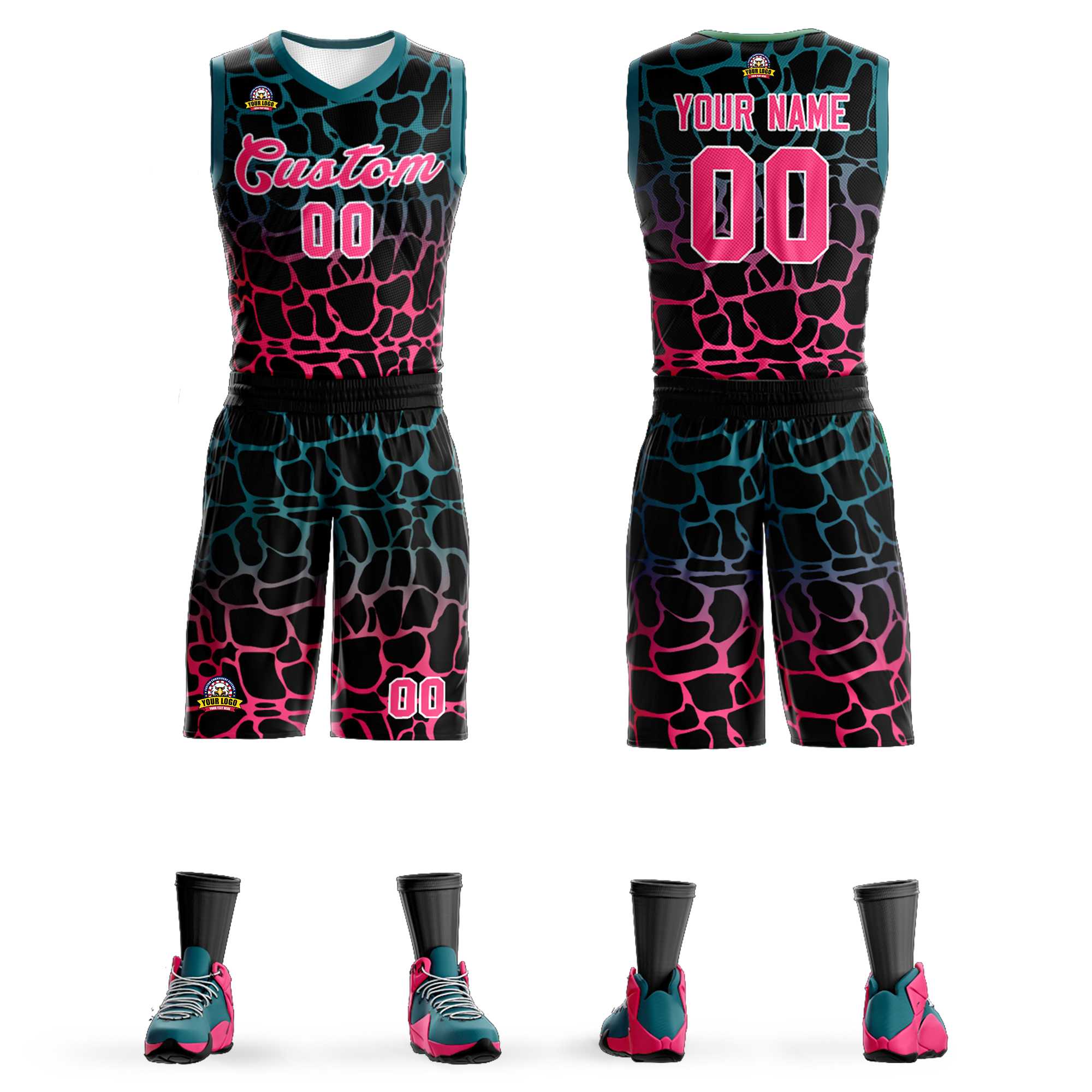 Maßgeschneidertes schwarzes Mitternachtsgrün-Rosa geflecktes Graffiti-Muster-Sportuniform-Basketballtrikot