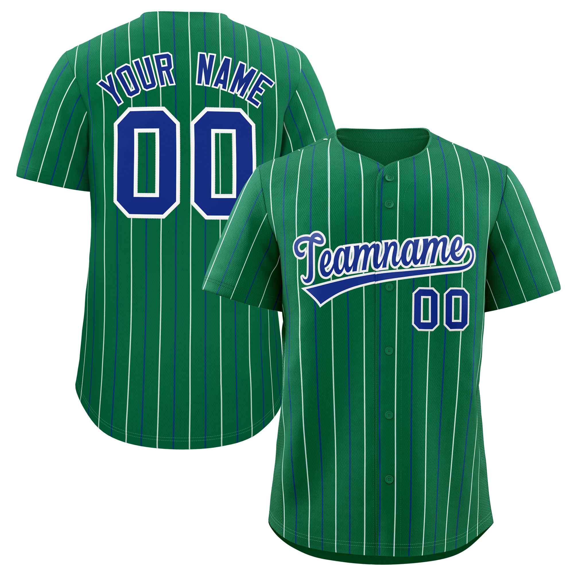 Benutzerdefiniertes authentisches Kelly Green Royal und weiße zweifarbige Streifen-Baseballtrikot