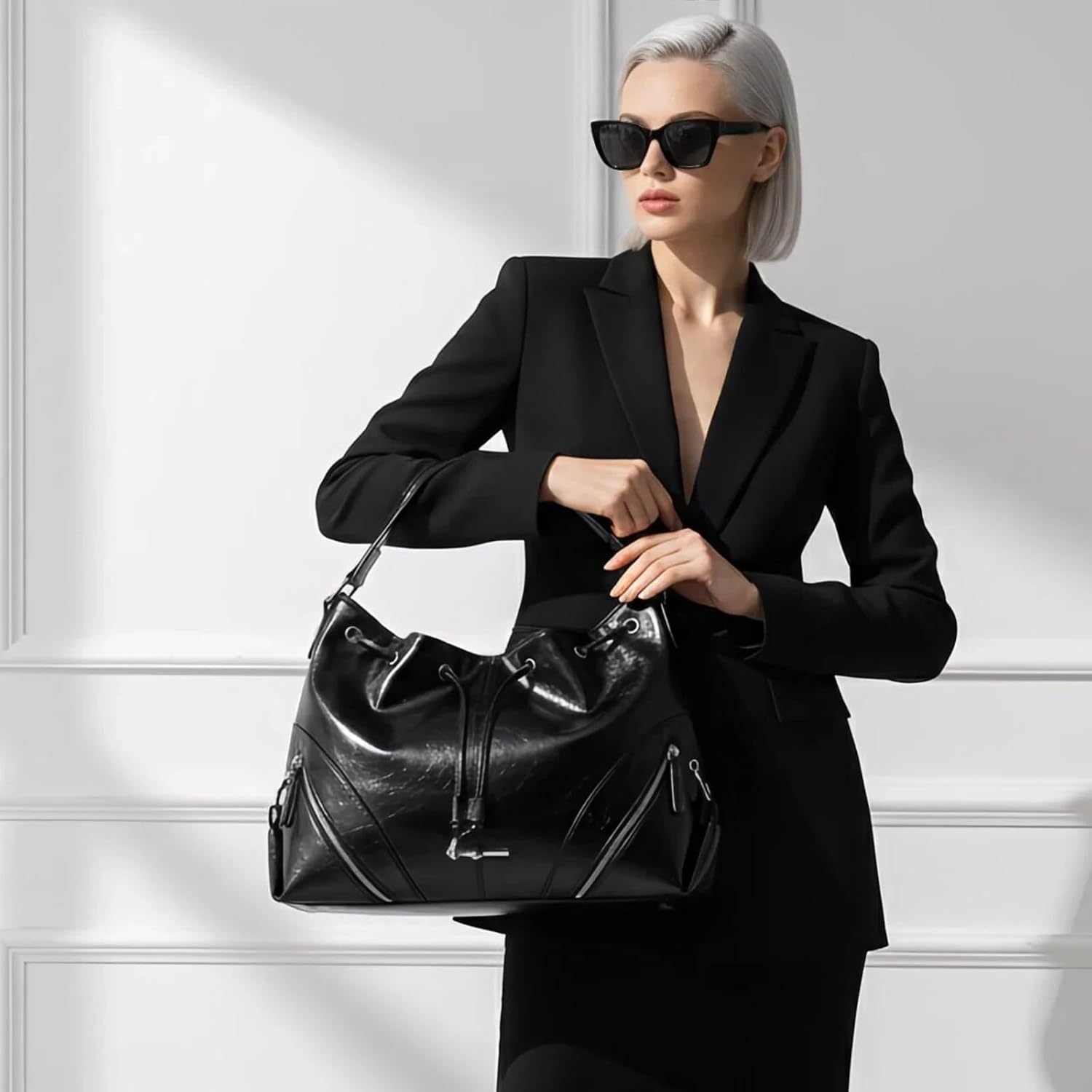 Women's Large Hobo Bucket Tote Bag Black Women's Large Hobo Bucket Tote Bag Black