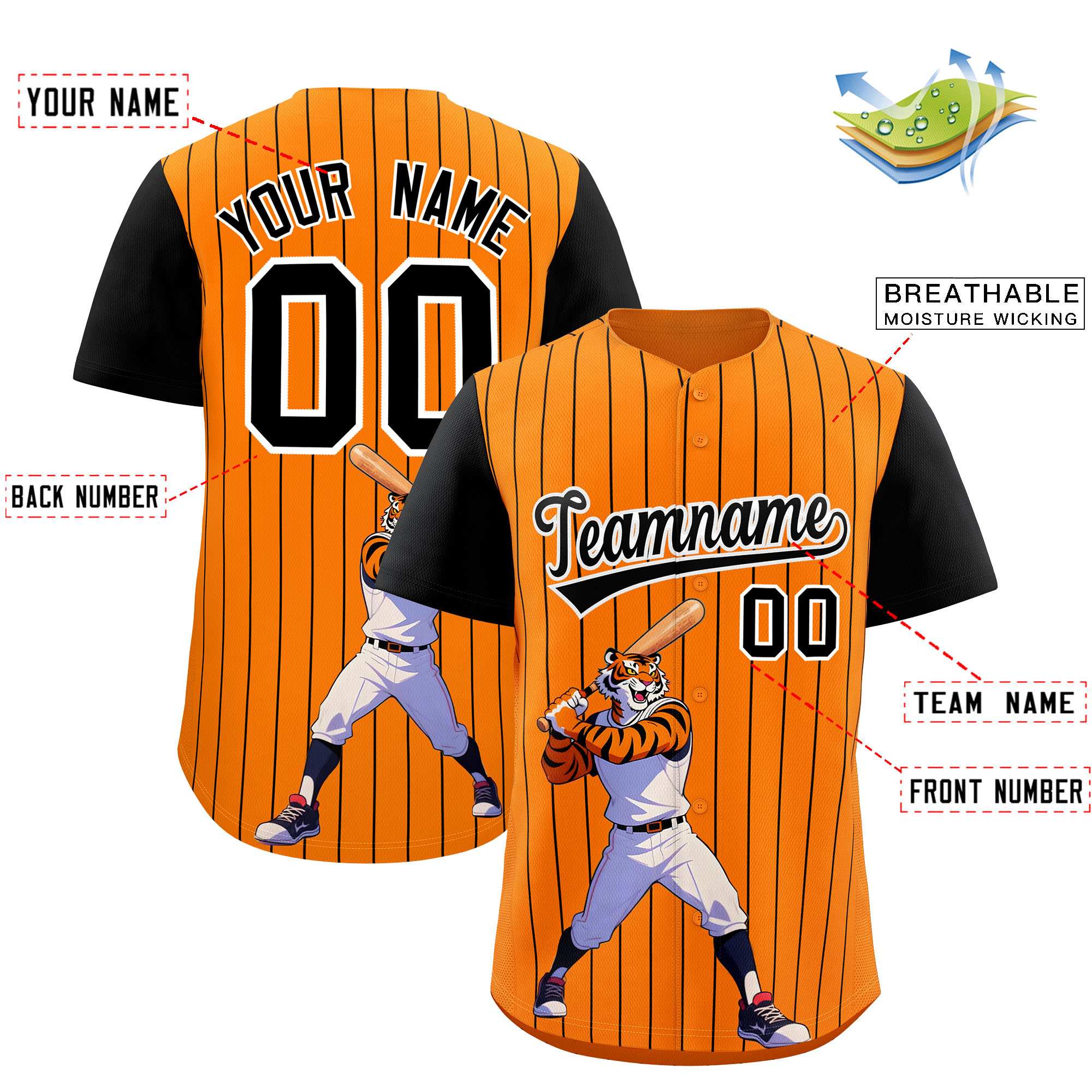 Authentisches Baseball-Trikot mit individuellem Streifen-Tiere-Graffiti-Muster, Raglanärmeln Authentisches Baseball-Trikot mit individuellem Streifen-Tiere-Graffiti-Muster, Raglanärmeln
