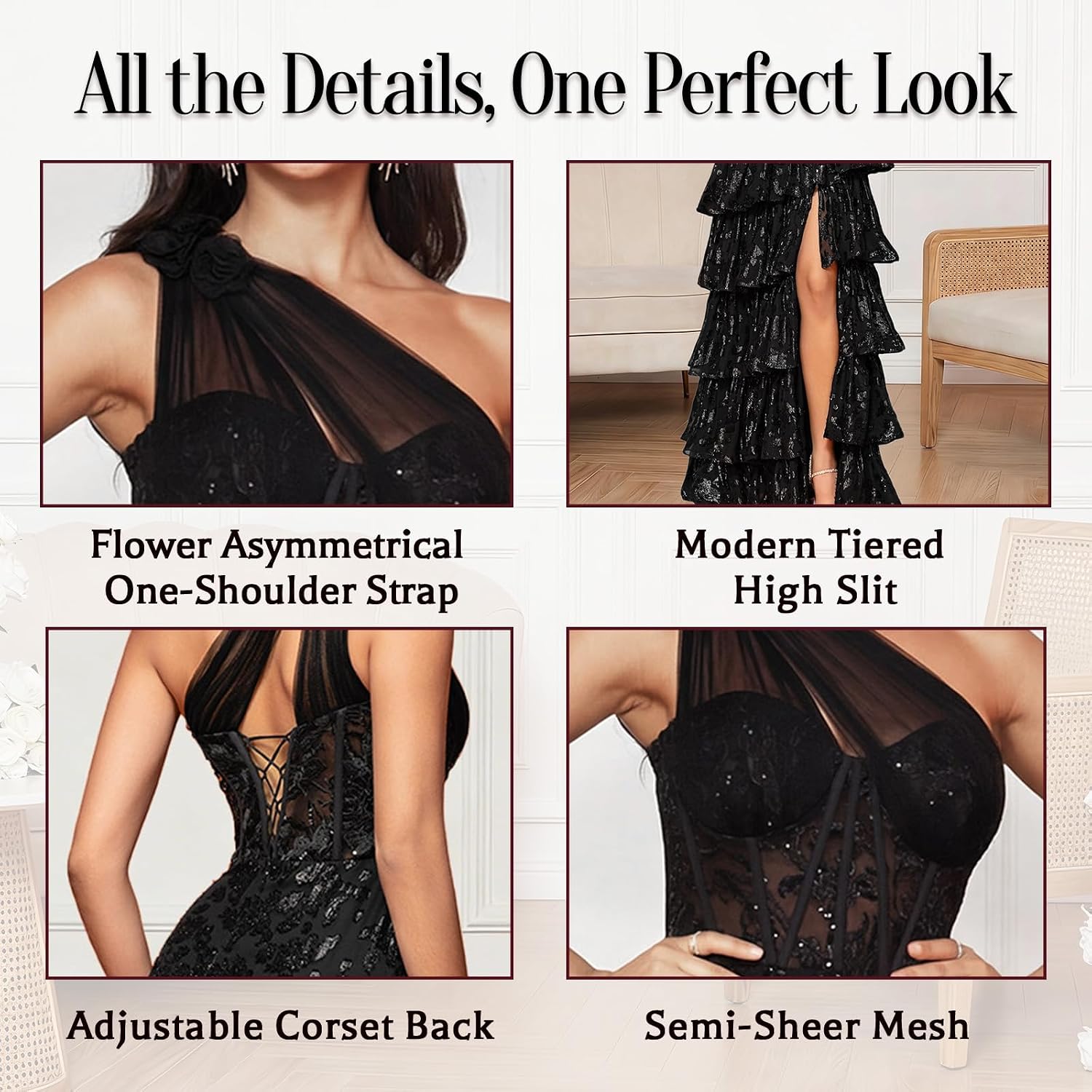 One-Shoulder Wedding Guest Dress with High Slit Semi-Sheer Embroidery Tiered Ball Gown for Party Cocktail