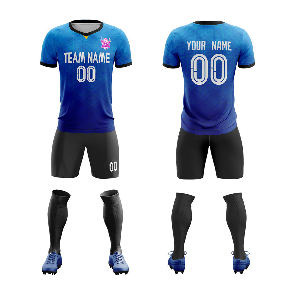Benutzerdefiniertes blau-schwarz-weißes Fußball-Set-Trikot