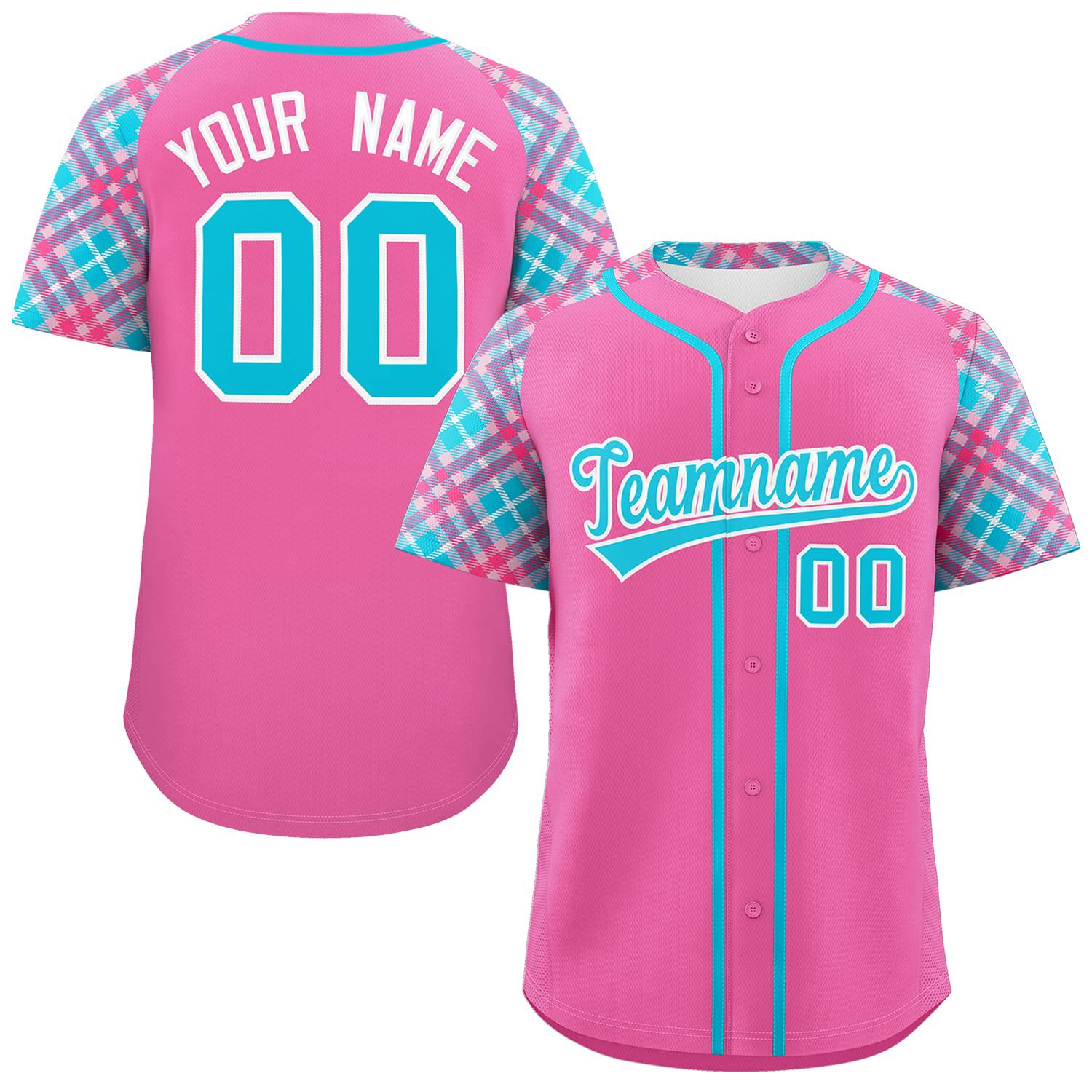 Benutzerdefiniertes rosa himmelblau-weißes personalisiertes authentisches Baseball-Trikot mit Raglanärmeln