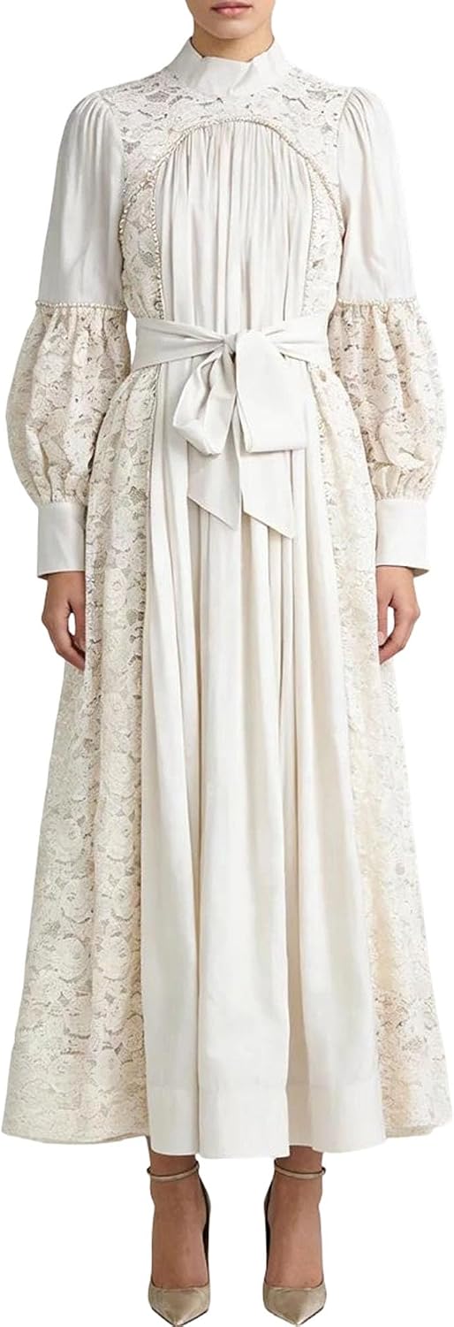 Women's Lace Patchwork Maxi Dress Lantern Sleeve Tie Waist