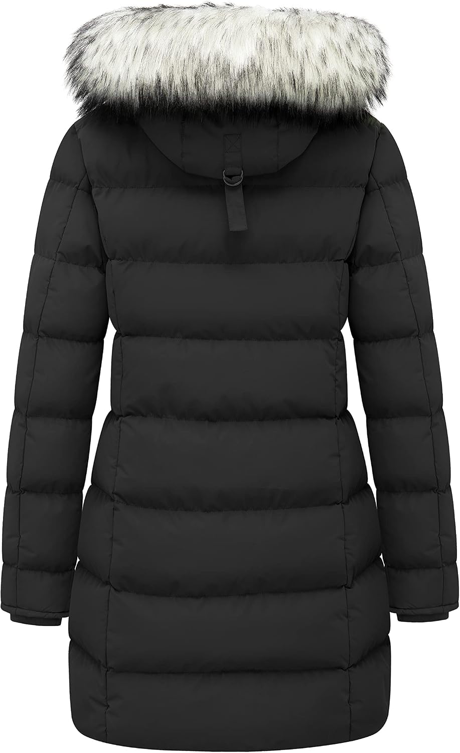 Women's Mid-Length Puffer Parka Faux Fur Trim Hood Black