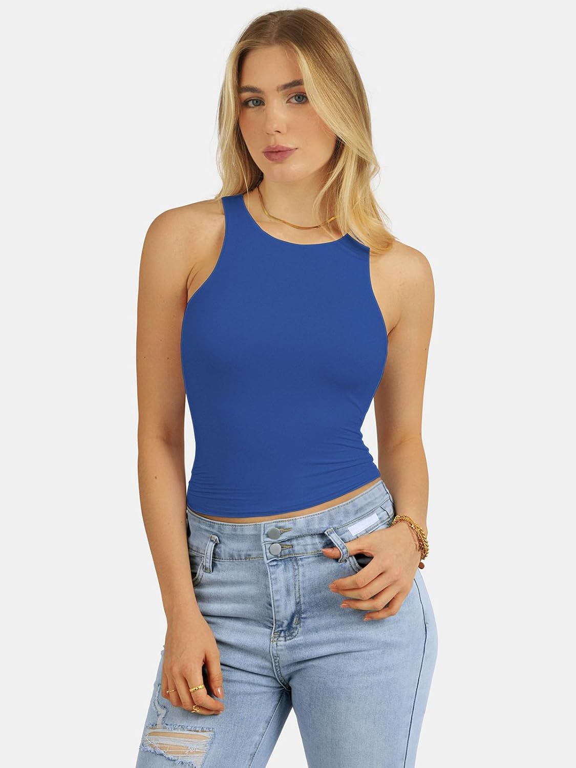 Women's High Neck Sleeveless Crop Tank Top Blue Women's High Neck Sleeveless Crop Tank Top Blue