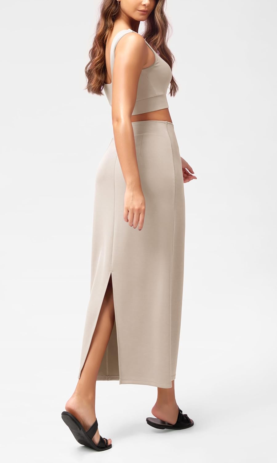 Women's Modal Maxi Pencil Skirt Back Slit Beige