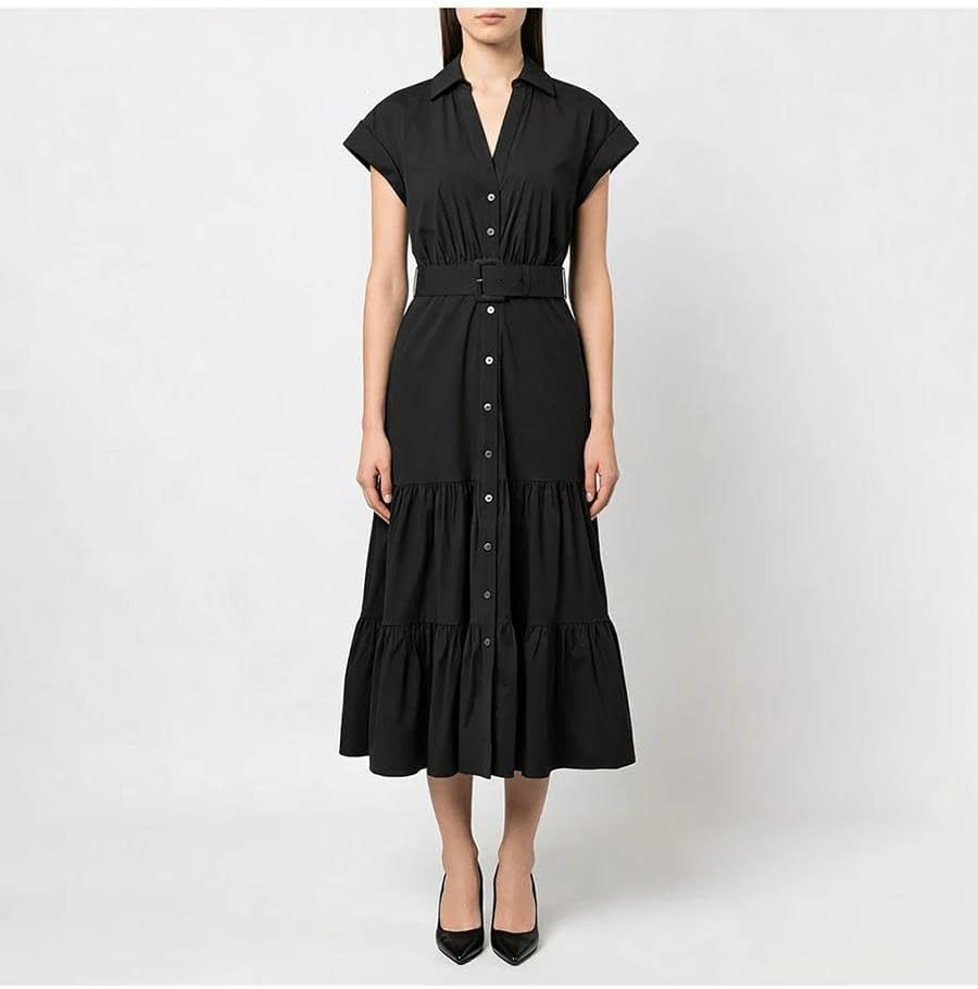 Women's Belted Shirt Midi Dress Collared Short Sleeve Black Women's Belted Shirt Midi Dress Collared Short Sleeve Black