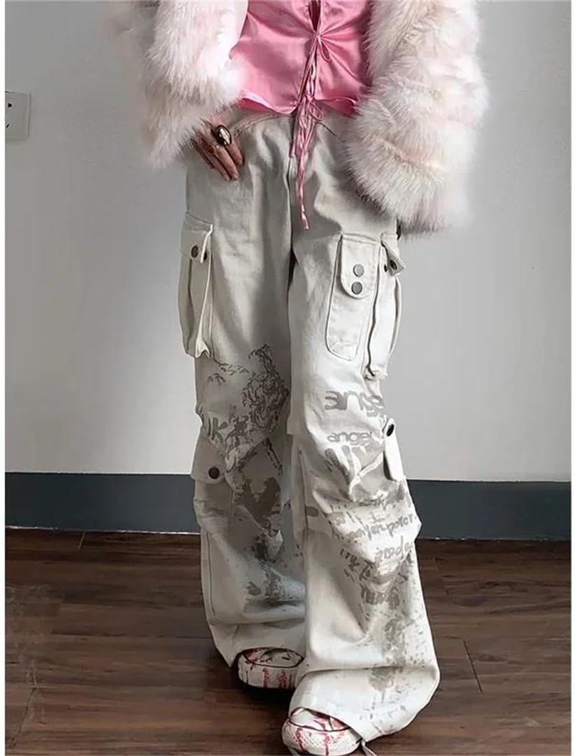 Women's Baggy Wide Leg Cargo Jeans White Graffiti