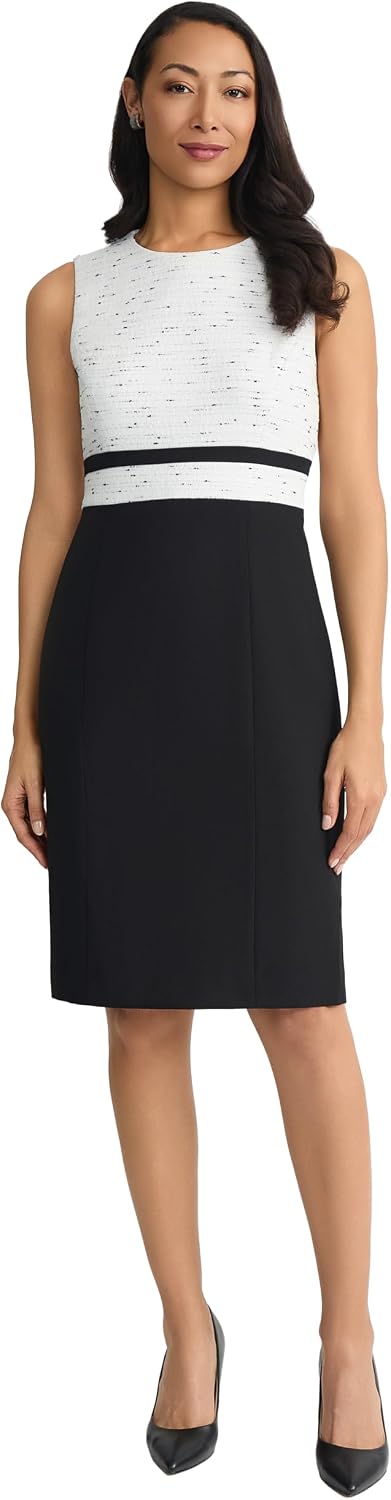 Women's Tweed Sheath Dress Sleeveless Black White Colorblock