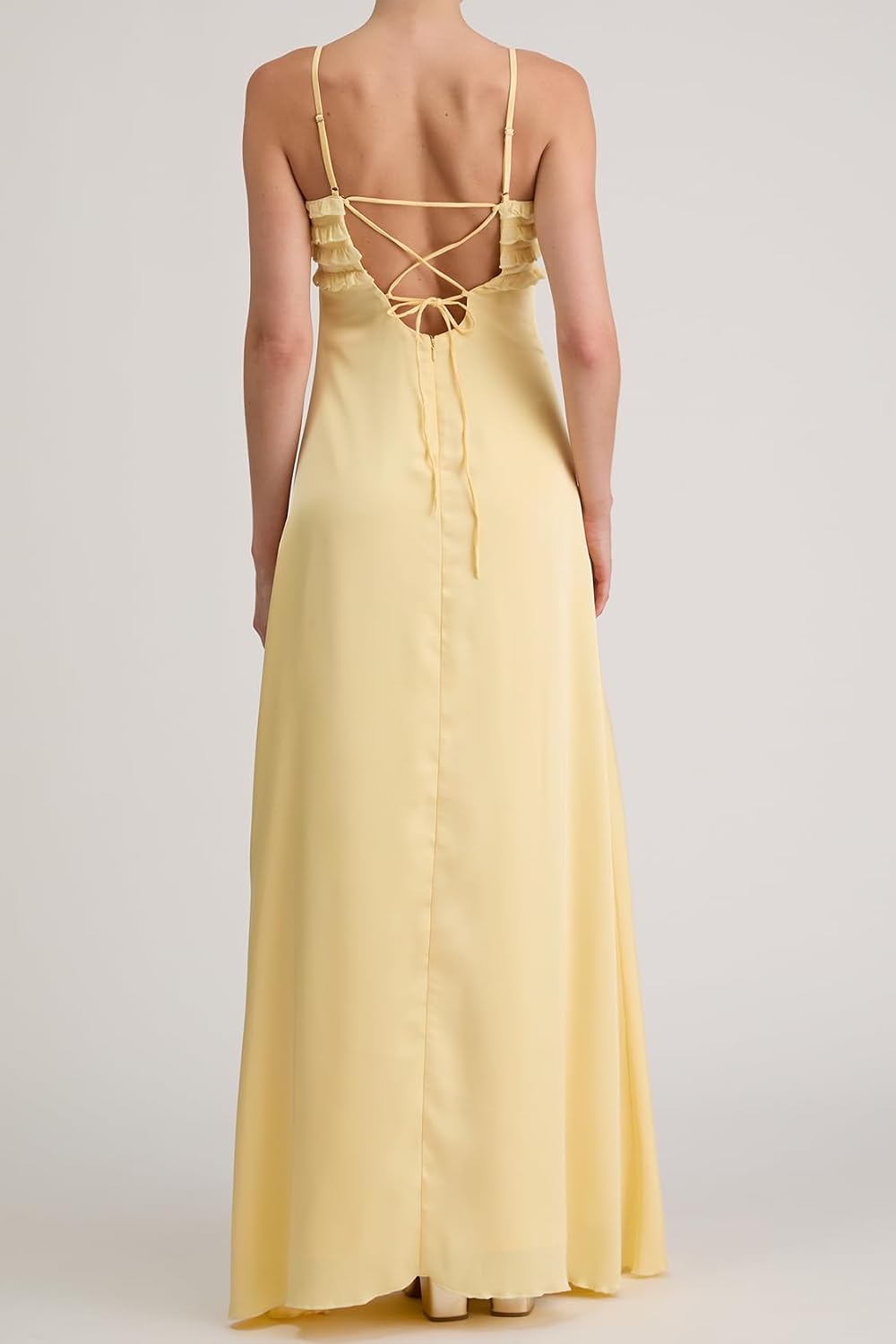 Wisteria Micro Ruffle Maxi Dress Chiffon Adjustable Straps Lace-Up Back Babydoll Column Silhouette Elegant Gown