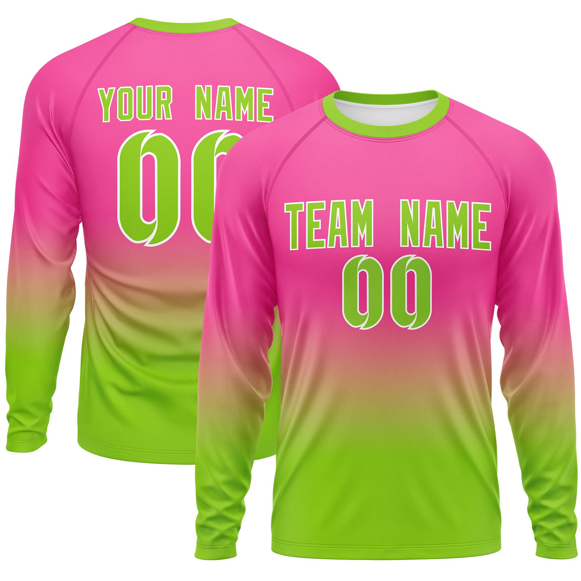 Benutzerdefiniertes Langarm-Performance-T-Shirt mit Farbverlauf in Pink und Neongrün mit modischem Design