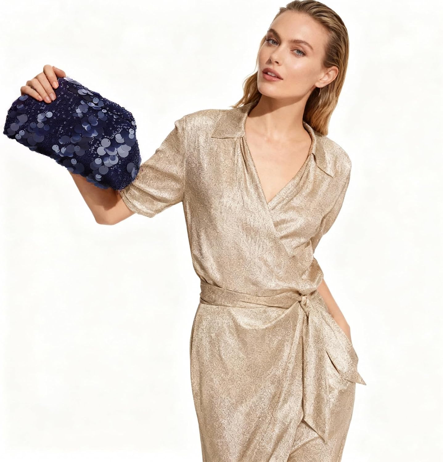 Women's Navy Sequin Dumpling Clutch with Detachable Chain Strap