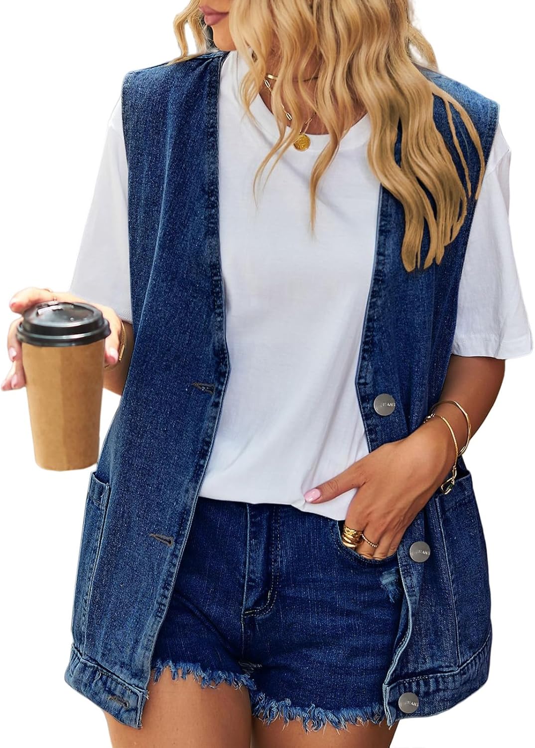Denim Vest Women Oversized Sleeveless Vintage Jean Jacket Plus Size Fall Fashion Distressed Coats Outerwear