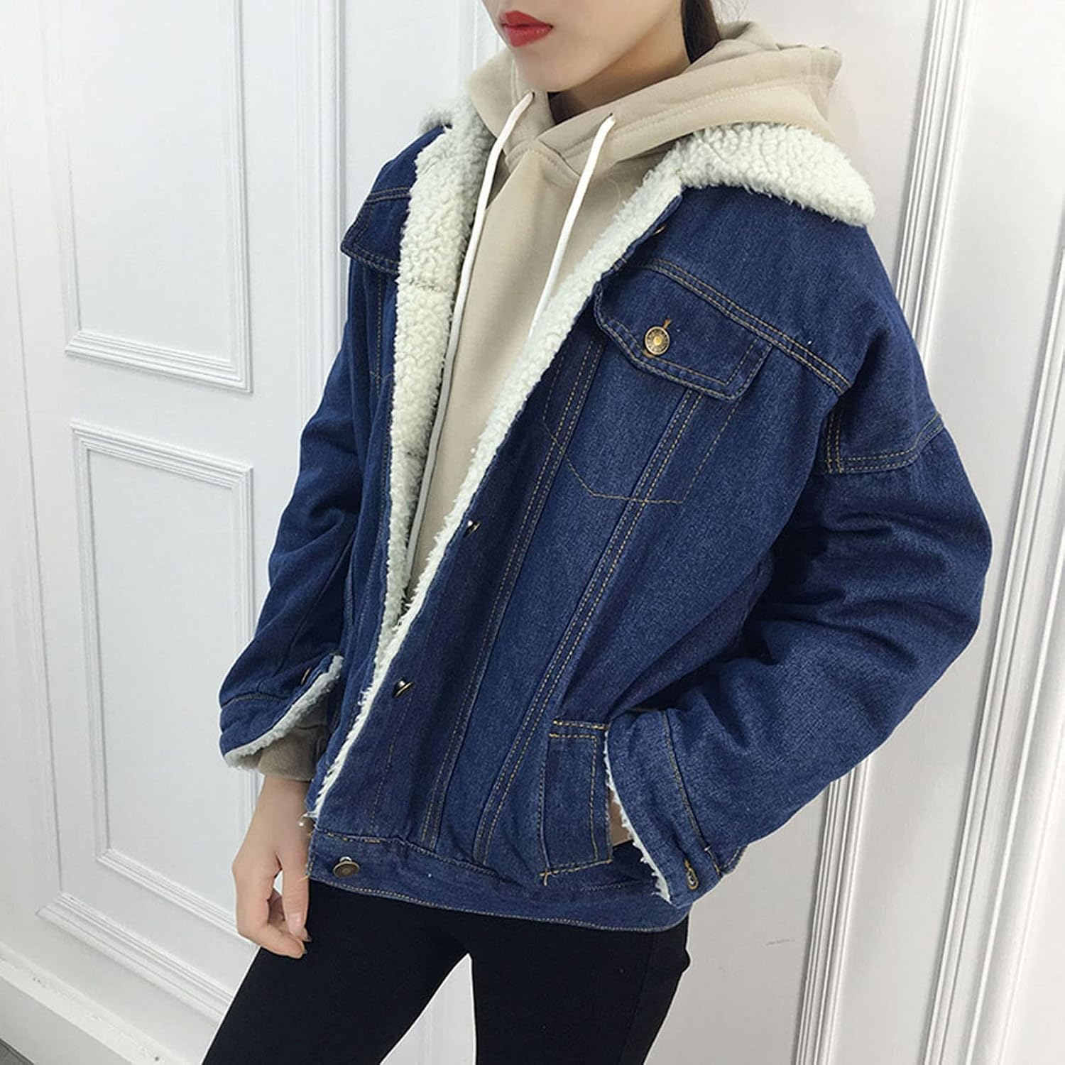 Womens Denim Jackets with Hood Sherpa Fleece Lined Jacket Vintage Button Down Jean Pockets Heavyweight