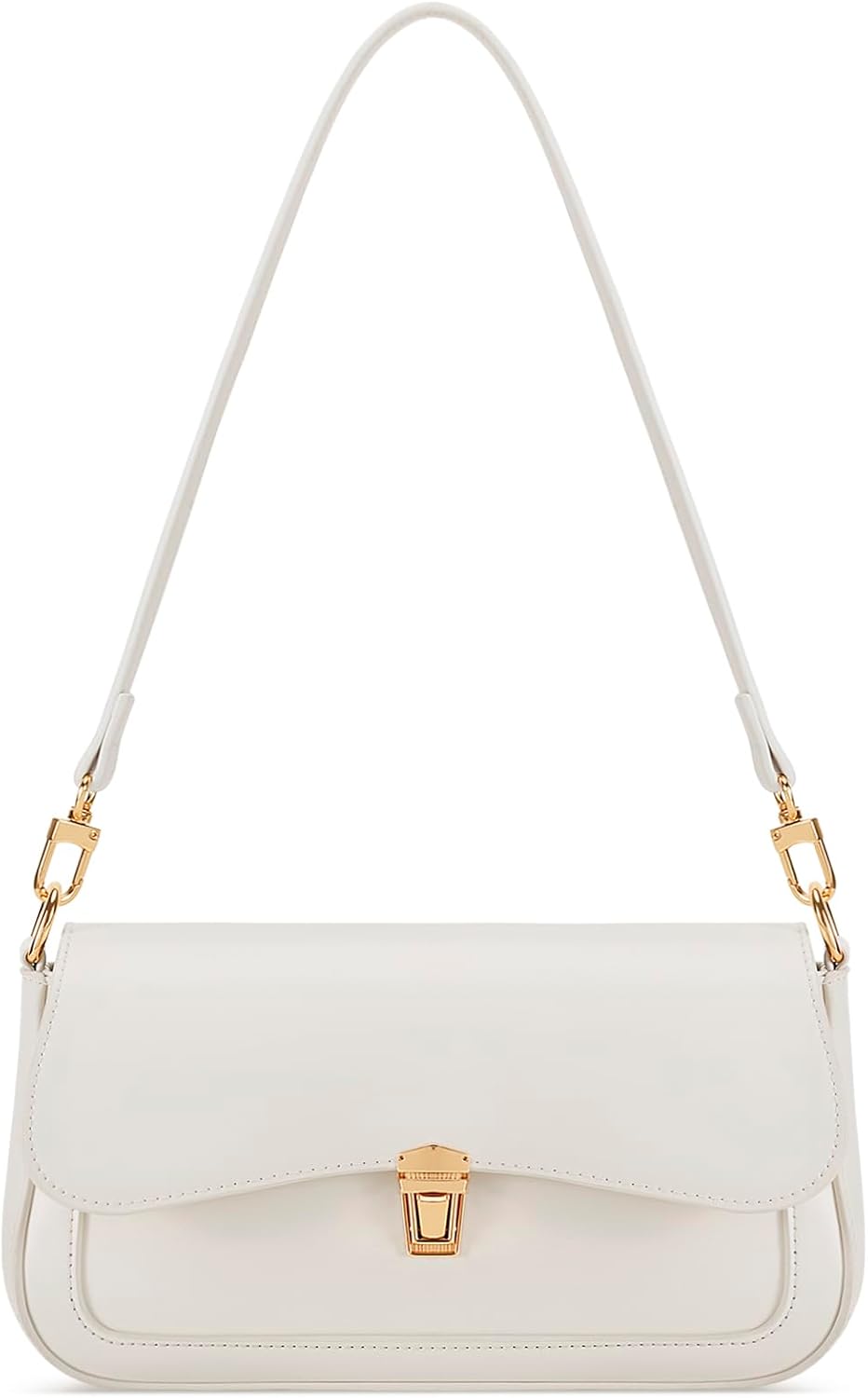 Women's White PU Flap Shoulder Bag Gold Lock