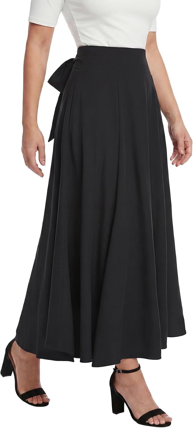 Women's High Waist Maxi Skirts Pleated A Line Flared Flowy Elastic Long Skirt with Pockets