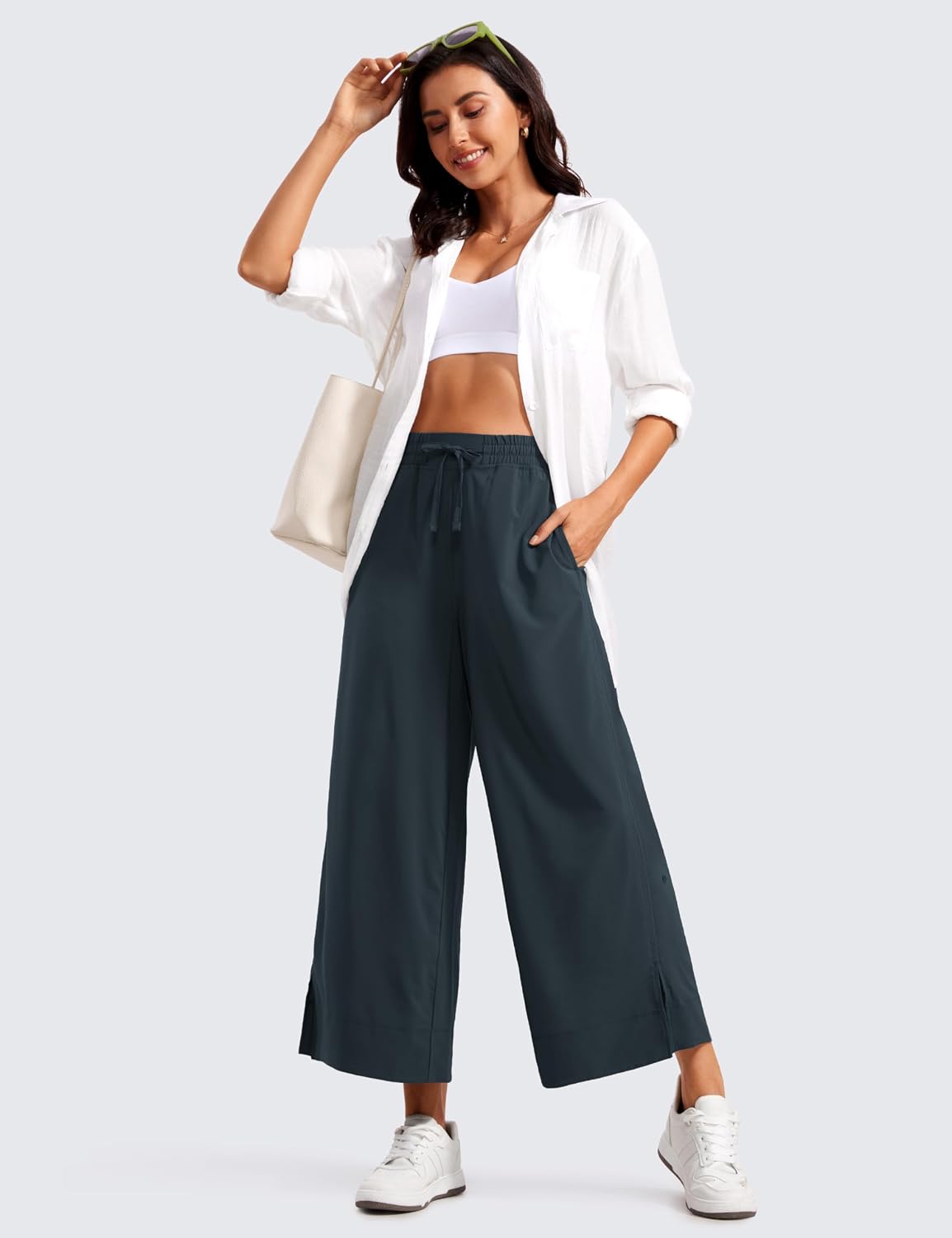 Women's Lightweight Wide Leg Crop Pants Drawstring Navy