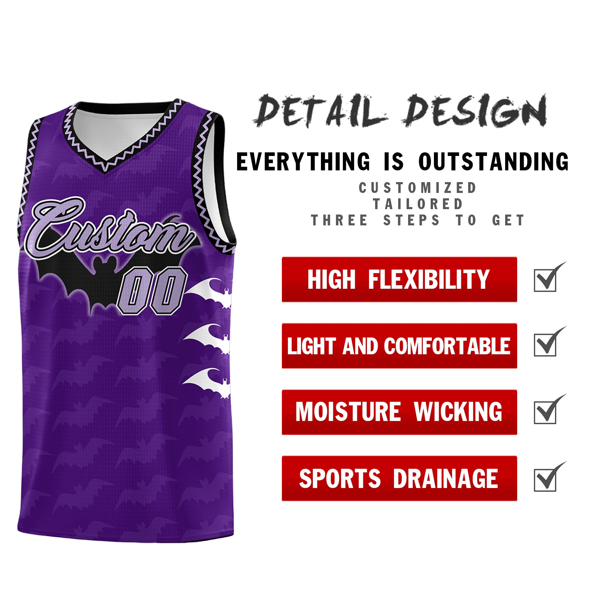 Benutzerdefiniertes hellviolettes Fledermausmuster-Halloween-Basketballtrikot