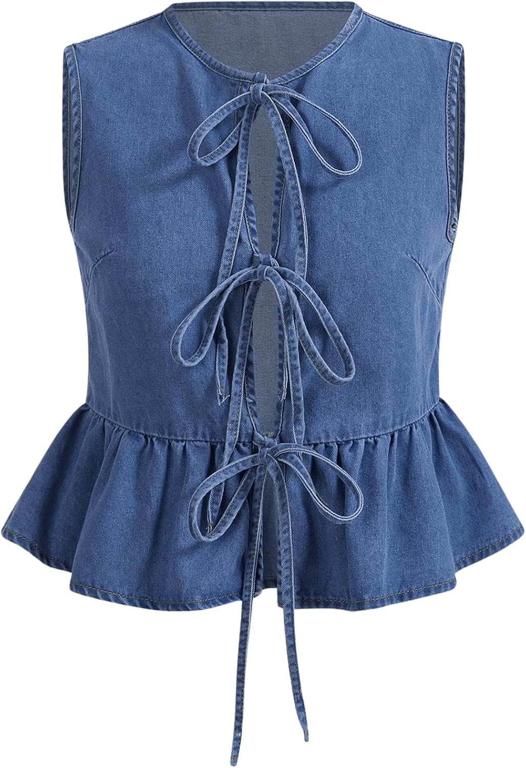 Women's Tie Front Denim Vest Crew Neck Ruffle Hem