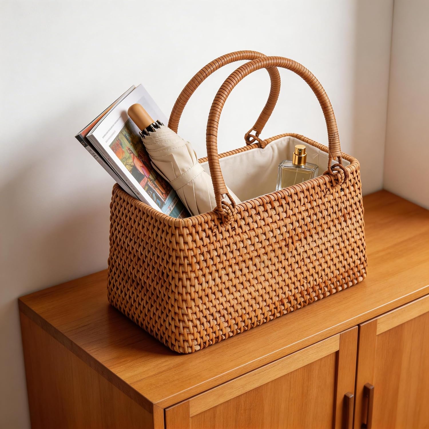 Women's Handwoven Rattan Top-Handle Basket Bag, Brown Women's Handwoven Rattan Top-Handle Basket Bag, Brown
