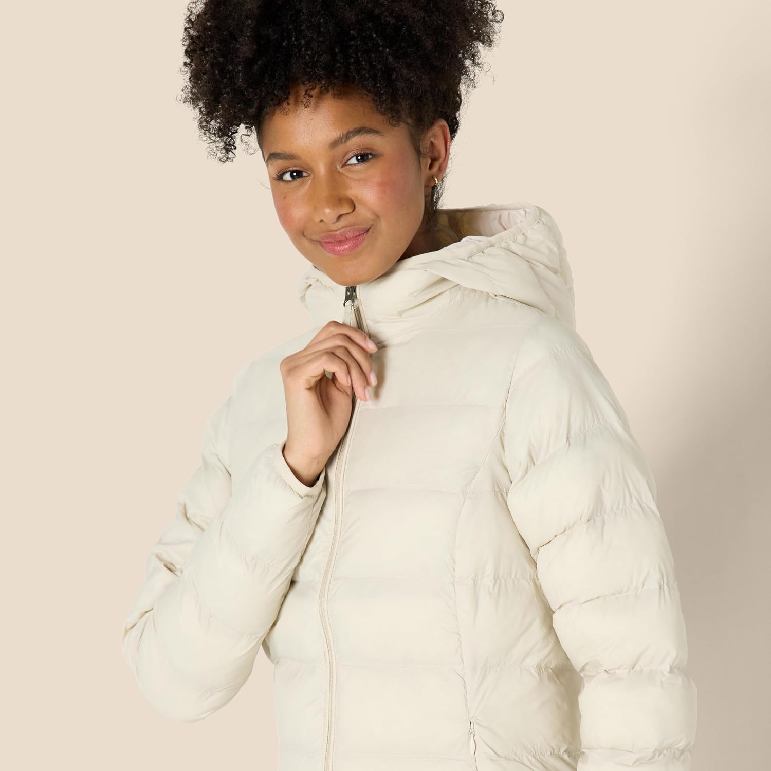 Women's Long Hooded Puffer Coat Lightweight Cream
