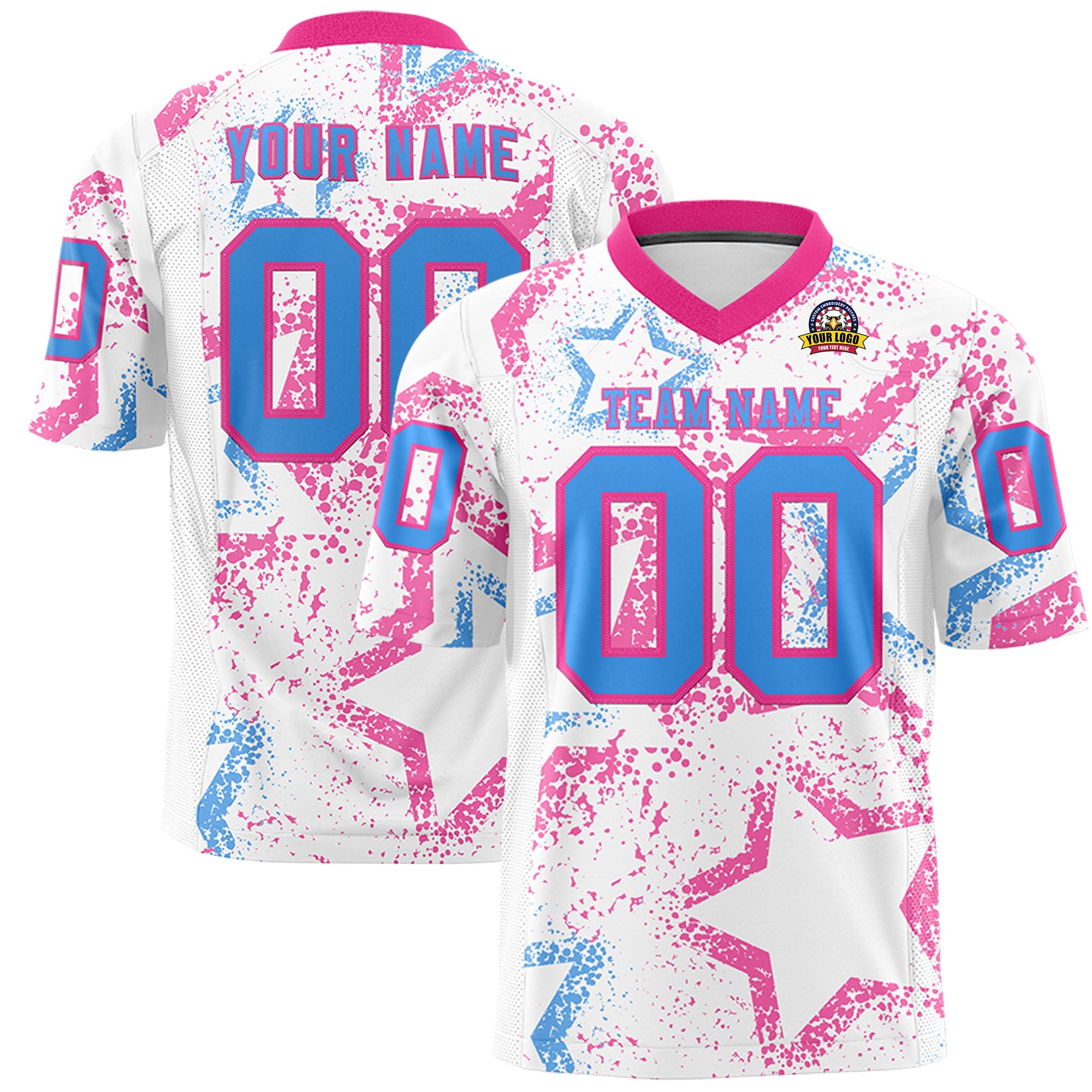 Benutzerdefiniertes, personalisiertes Star-Graffiti-Muster in Weiß, Rosa und Puderblau, authentisches Fußballtrikot