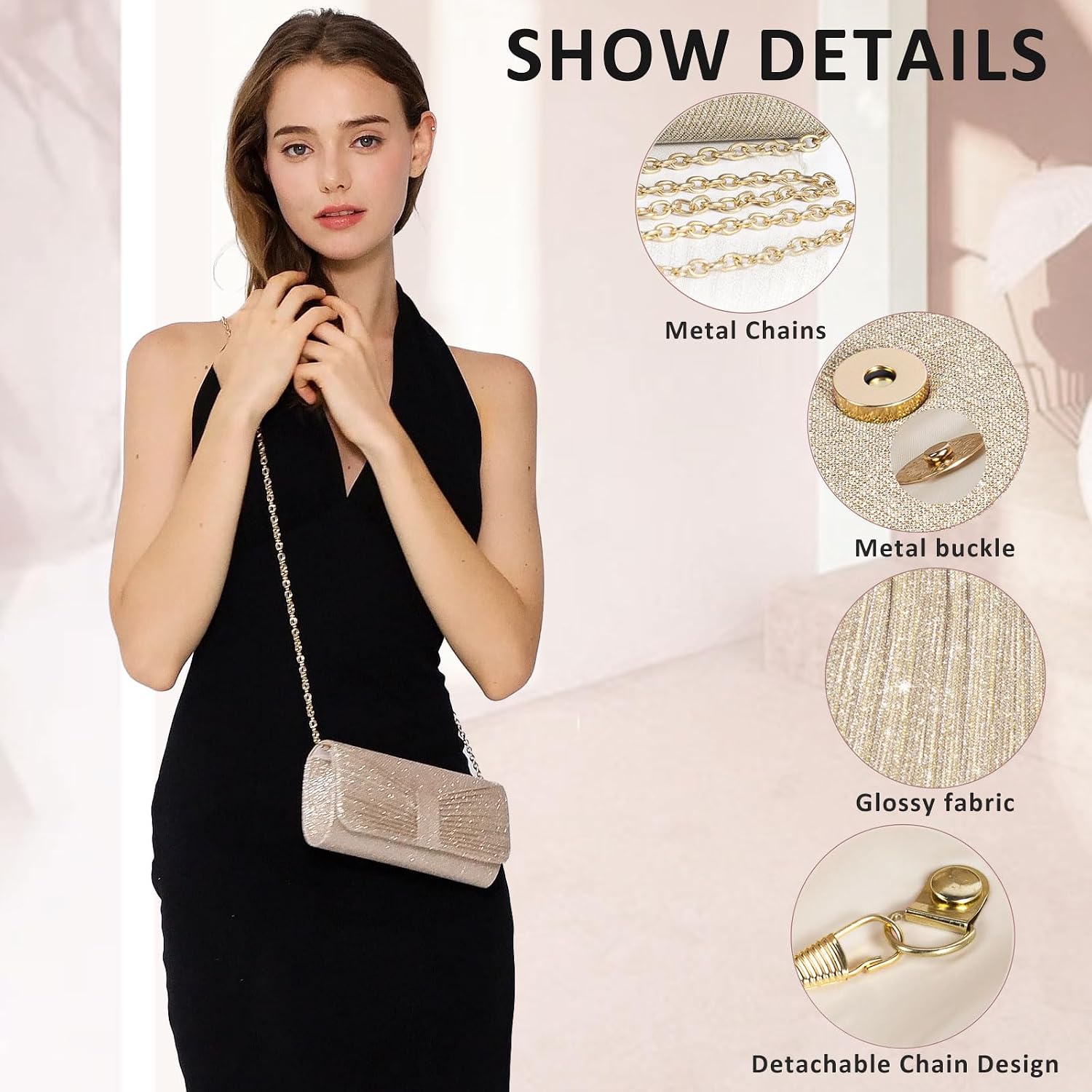 Women's Gold Glitter Envelope Clutch with Bow and Chain