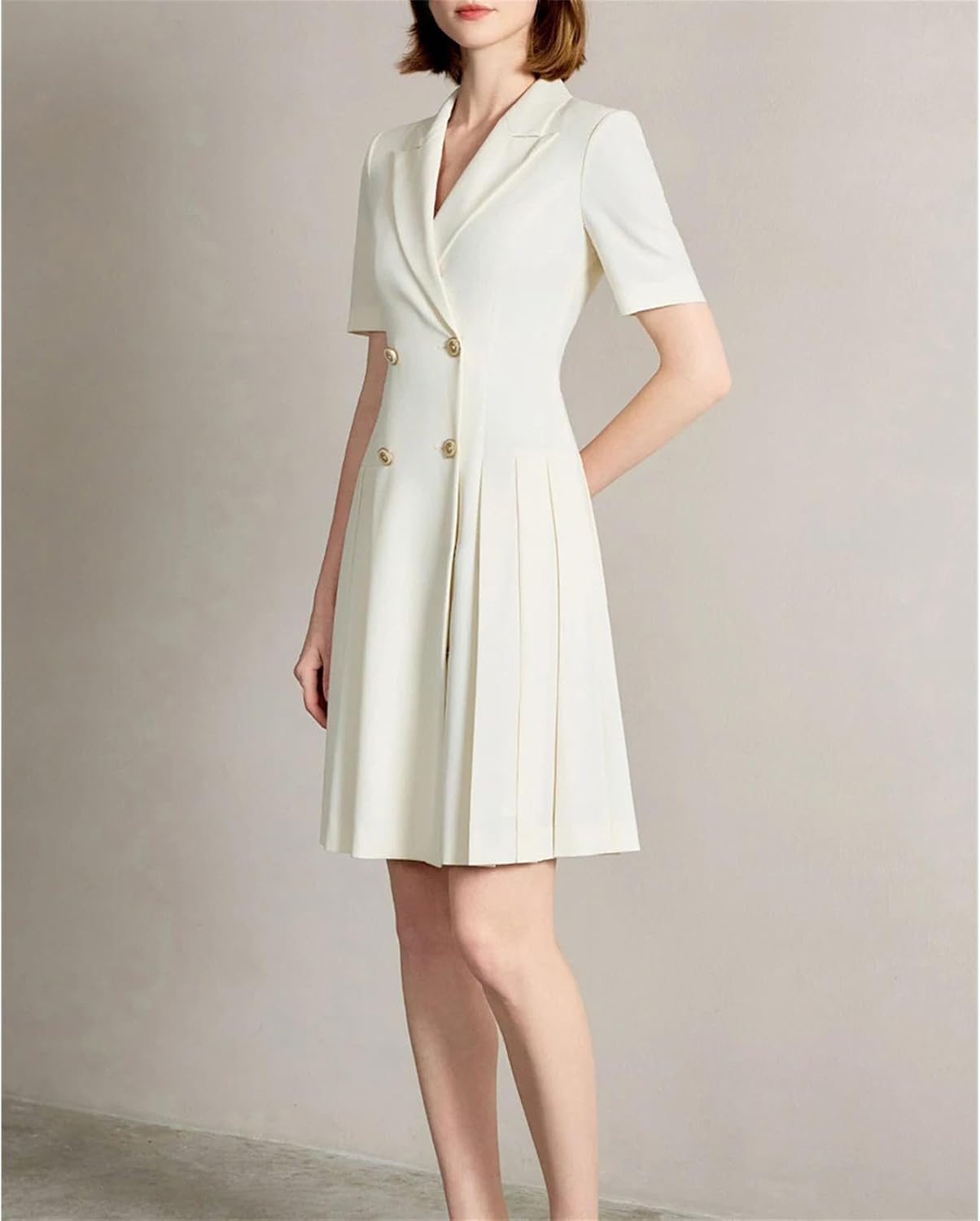 Women's Double Breasted Blazer Dress Short Sleeve Pleated White